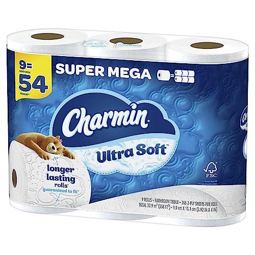 charmin Charmin Ultra Soft Super Mega 2-Ply Toilet Paper Rolls, 4\" x 4-1/2\", White, 366 Sheets Per Roll, Pack Of 9 Rolls