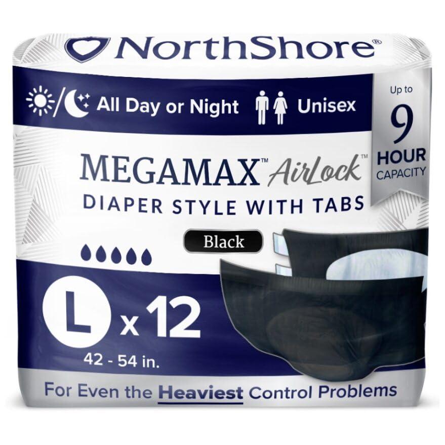 NorthShore NorthShore MegaMax AirLock Breathable 9-Hour Heavy-Duty Tab-Style Adult Diapers, Large, 12 Count Bag, Black, 42-54 inches, Unisex Incontinence Underwear