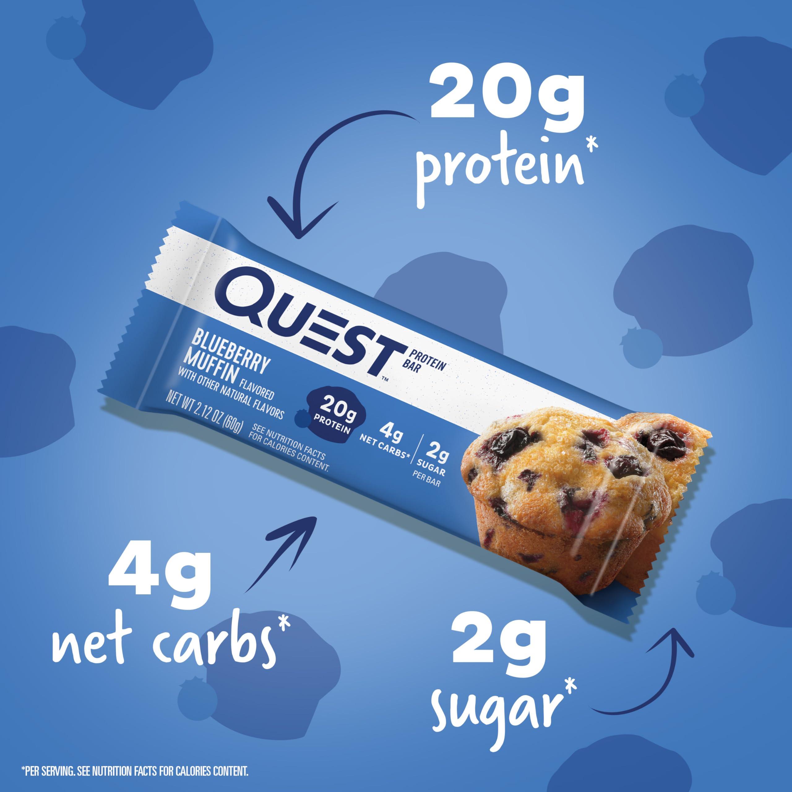 Quest Nutrition Quest Nutrition Blueberry Muffin Protein Bars, 20g Protein, 5g Net Carbs, 2g Sugar, Gluten Free, Keto Friendly, 4 Count