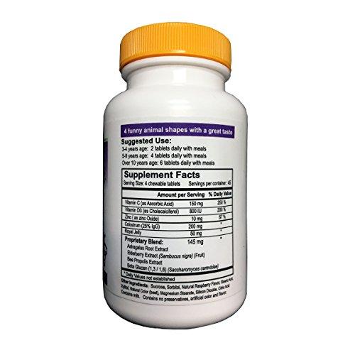 Nutripia Kidmune Children Immune Booster, Kids Immune Support 180 Chewable Mini Tabs - Elderberry, Colostrum, Propolis, Beta Glucan, Astragalus, Vitamin C, D, Zinc,Natural Flavor, 4 Animal Shapes