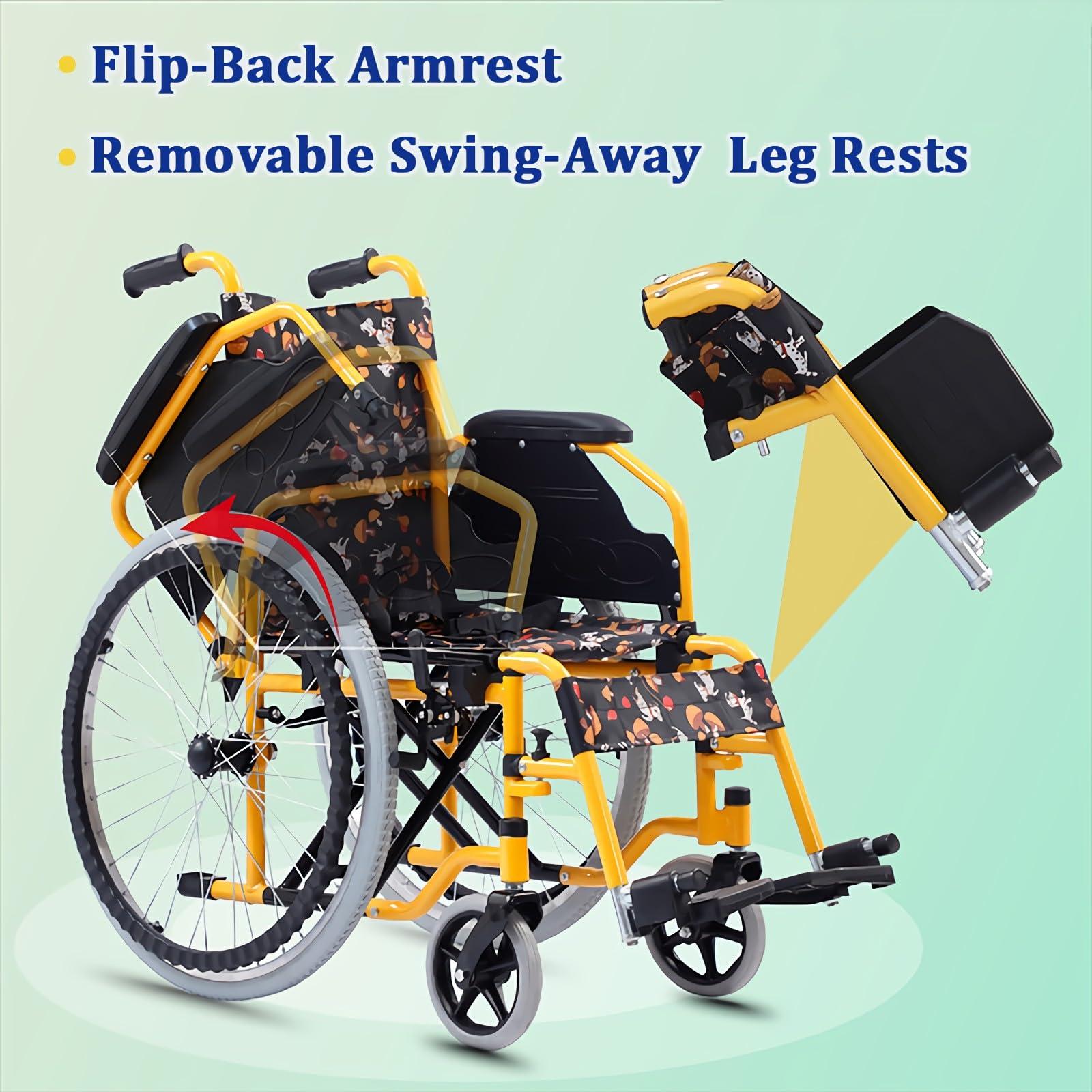 CUIOT Pediatric Wheelchair for Kids & Children, Lightweight Folding Manual Wheelchairs W/Safety Belt, Flip-Back Desk-Length Arms & Removable Swing-Away Leg Rests, 20.5 Inch Seat Width Bariatric Wheel Chair