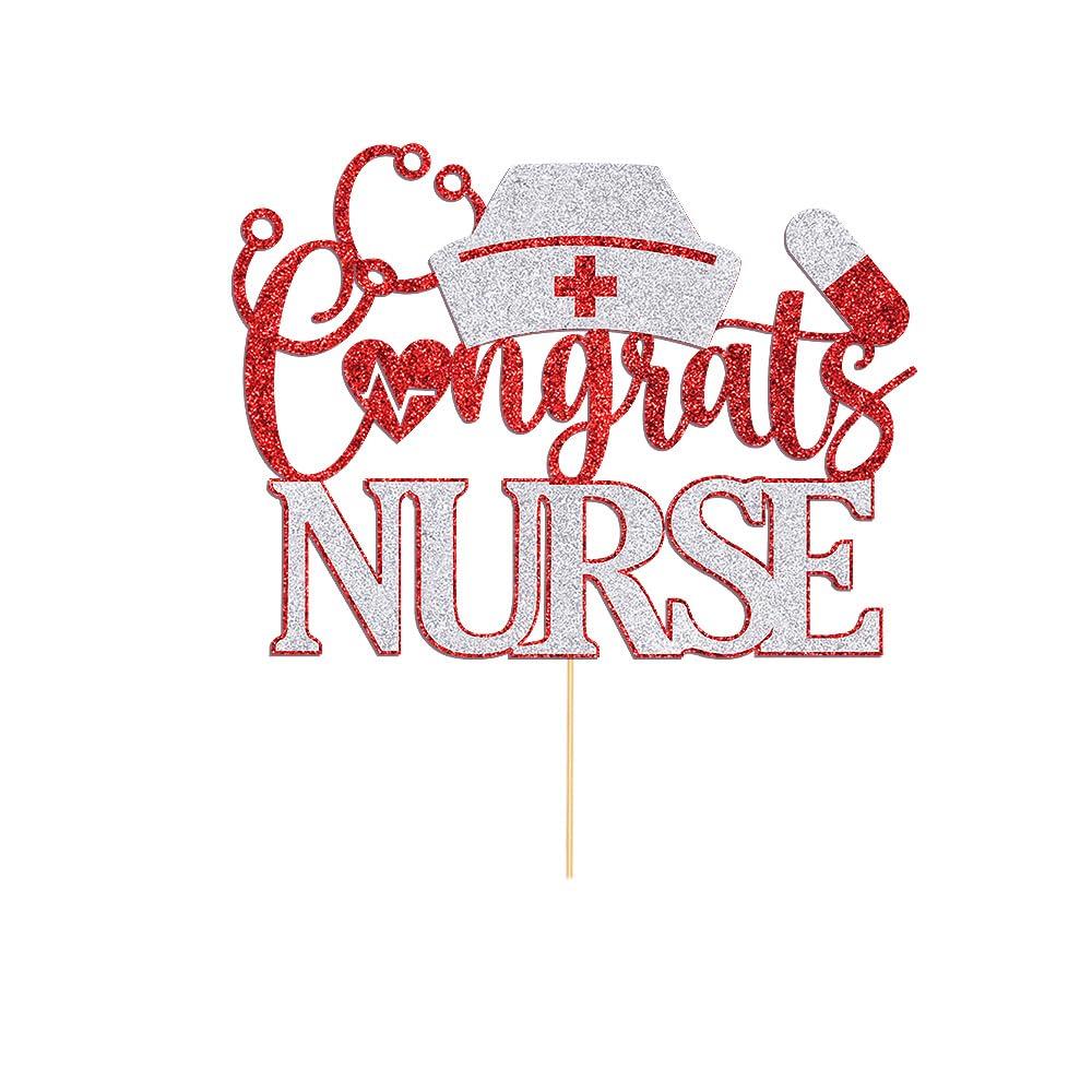 Dcokska Dcokska Congrats Nurse Cake Topper, Future Nurse Cake Topper, Congrats RN, Nurse Graduation/Medical School Graduation Party Decorations Supplies/Dinner Party Cake Topper Decorations (Red & Silver-1)