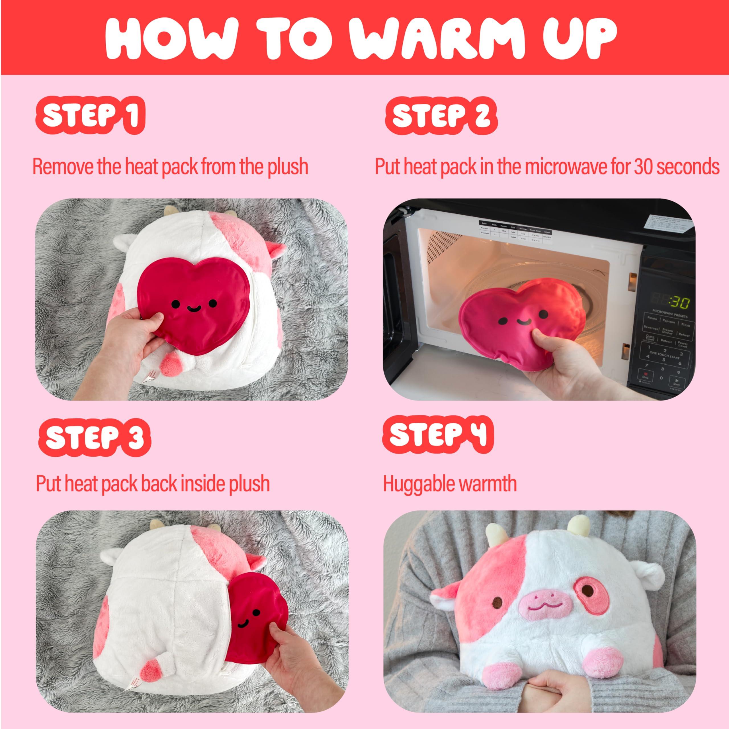 Shopzoki Heatable Strawberry Scented Cow Plush for Period Cramp Relief & Emotional Support, Microwavable Soft Toy Plushies, Coolable Stuffed Animal for Anxiety, Cute Heating Pad for Pain Relief