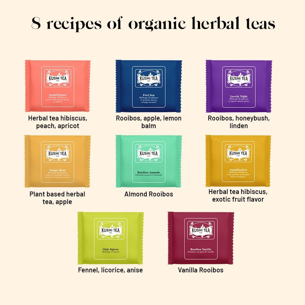 KUSMI TEA Kusmi Tea - Organic Herbal Tea Gift Set - Sampler Assortment Variety Box - Gift Idea for Men and Women - Caffeine-Free Teas - Hibiscus Tea, Chamomile Tea, Rooibos - 9 Recipes - 24 Tea Bags