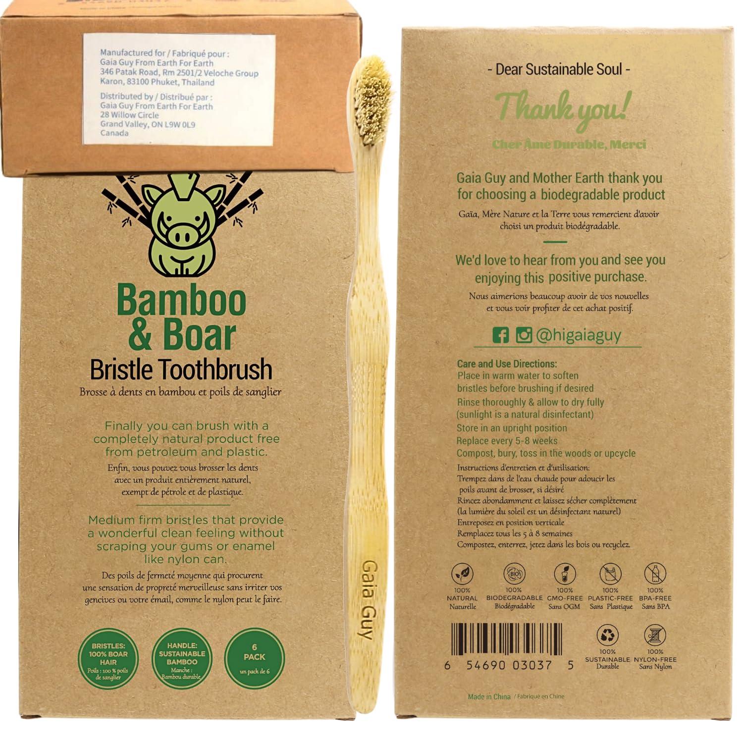 Gaia Guy Gaia Guy Natural Bristle Bamboo Toothbrush with Boar Bristles - Totally Biodegradable and Compostable - No Nylon Toothbrushes - Zero Waste 12-Pack