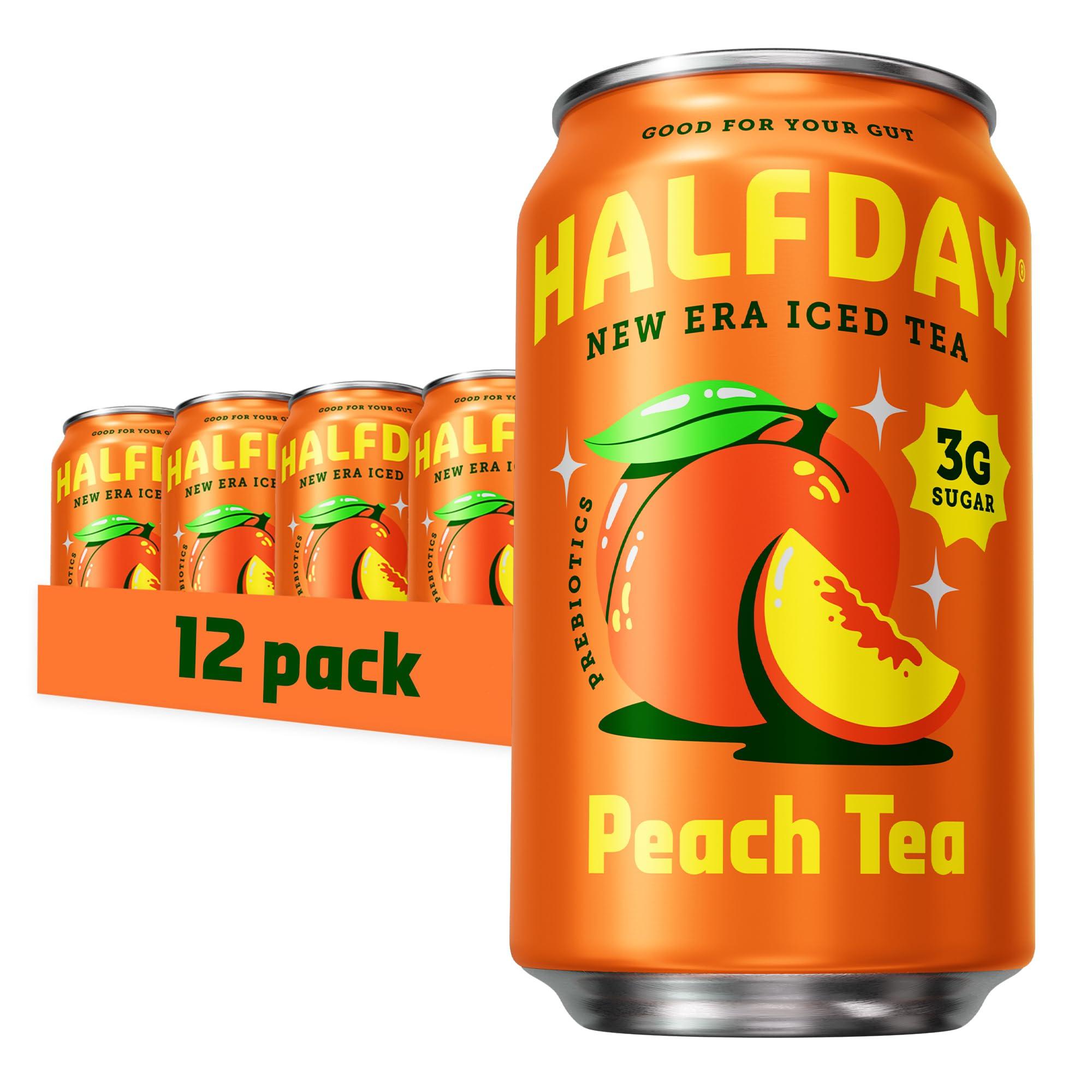 Halfday HALFDAY Prebiotic Peach Iced Tea Cans, Supports Digestive & Gut Health, 8g Plant Fiber & Prebiotics, Low Sugar, 30 Calories, Organic Tea, Natural Caffiene, Gluten Free, Keto, 12 fl oz (12 pack)