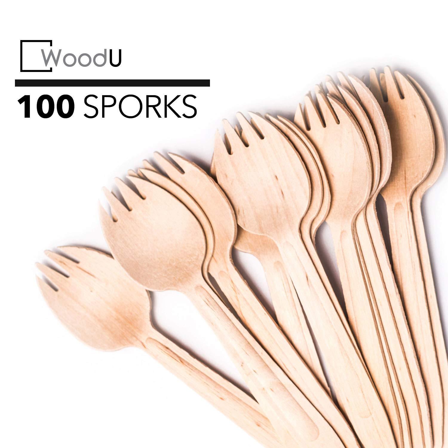 WoodU Disposable Wooden Spork by WoodU | 100% All-Natural, Eco-Friendly, Biodegradable, and compostable Spork - Pack of 100-6.5\" spork wood cutlery