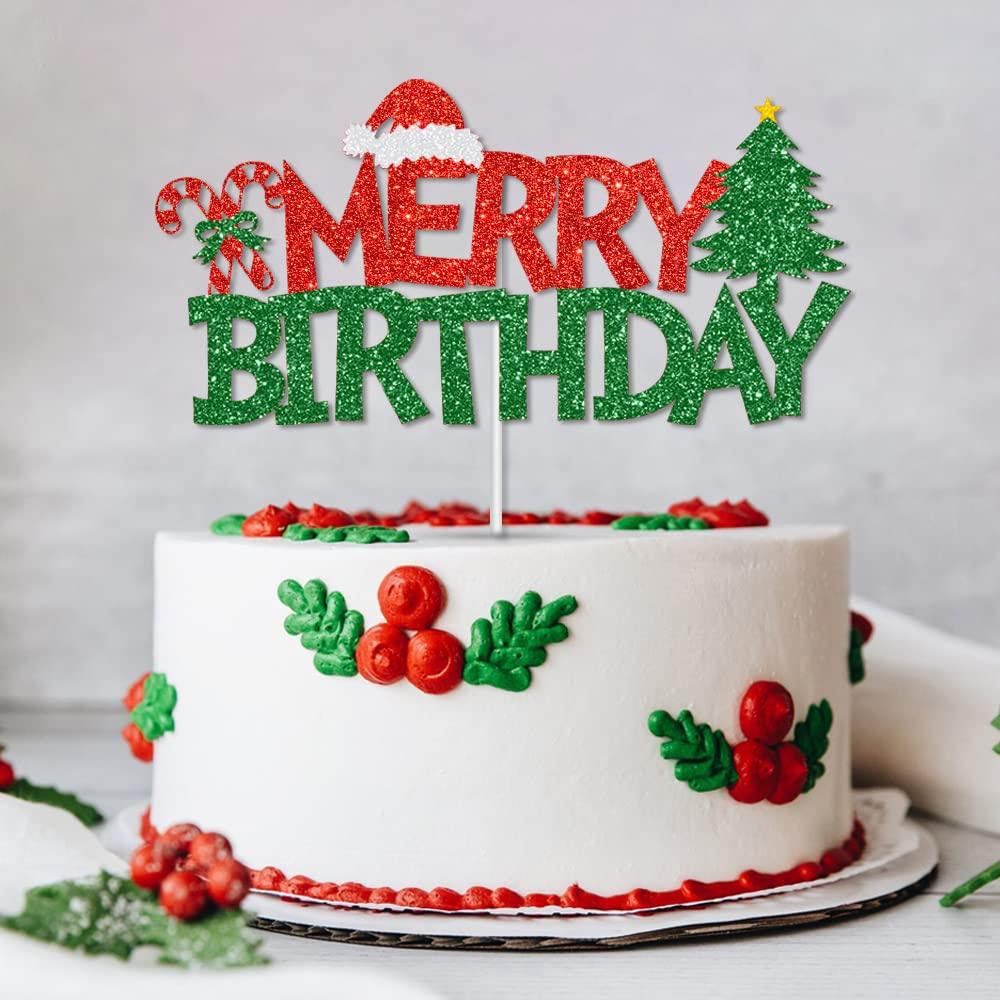 GotGala GotGala Merry Birthday Cake Topper Red &Green Glitter Christmas Birthday Cake Decoration Kids Christmas Birthday Party Cake Food Picks for Winter Onederland Xmas Birthday Baby Shower Decorations
