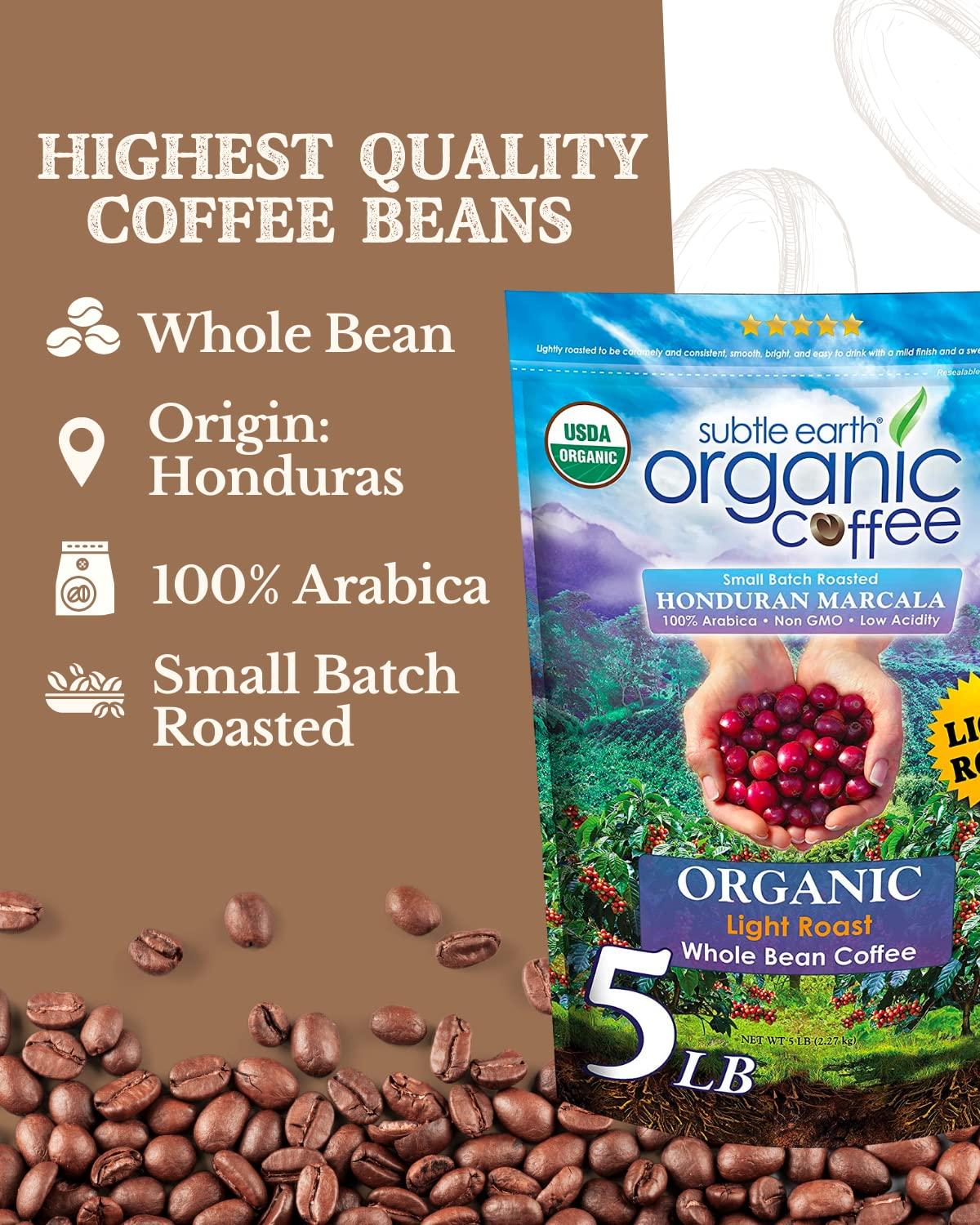 Cafe Don Pablo Subtle Earth Organic Coffee - Light Roast - Whole Bean Coffee - 100% Arabica Beans - Low Acidity and Non-GMO - 5lb bag