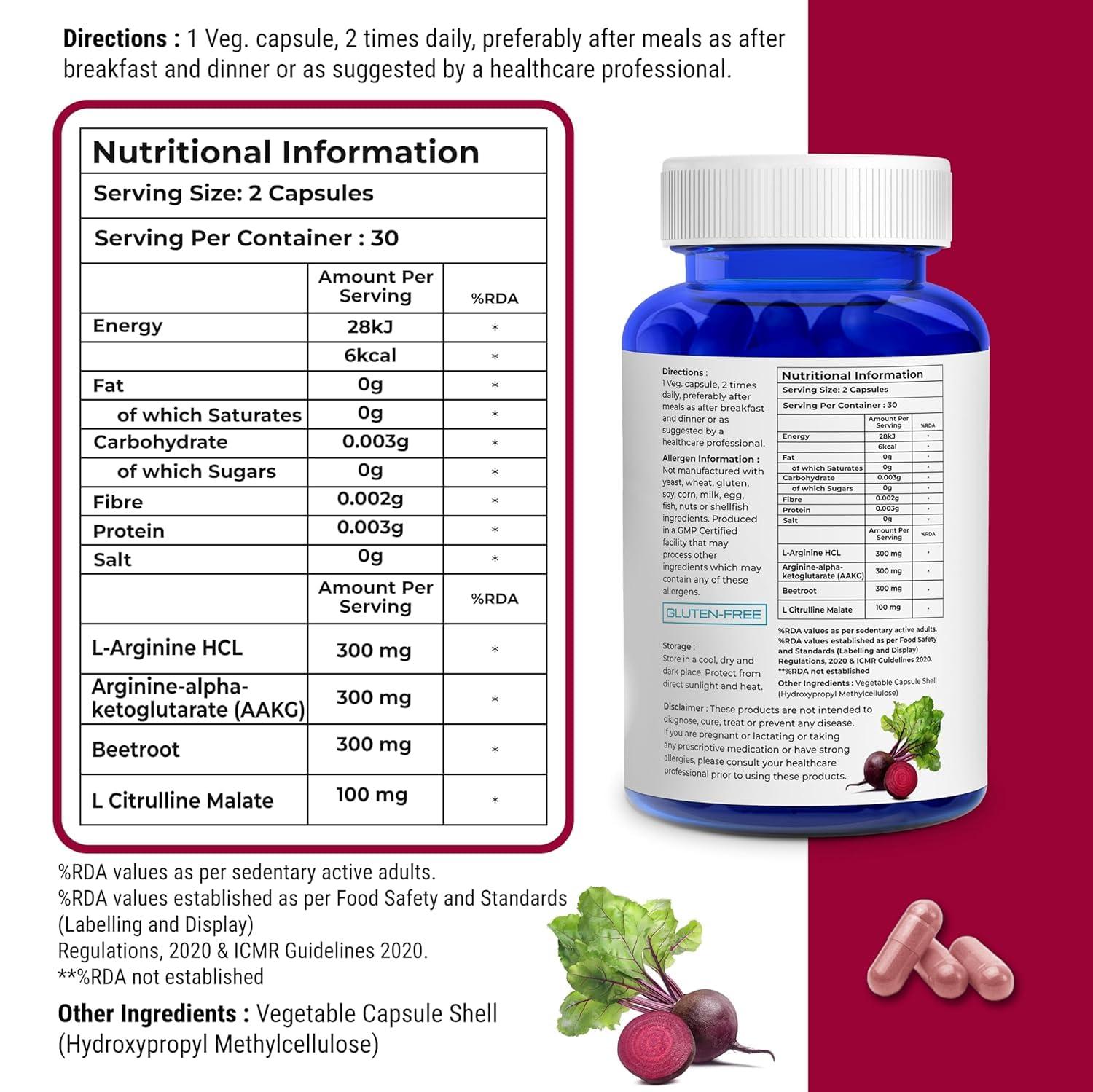 BIOVITALIA ORGANICS Biovitalia Nitric Oxide Booster Capsule L-Arginine Capsule Beetroot Supplement for Men & Women | Promote Blood Flow & Pre Workout Muscle Pump for Bodybuilding - 60 Vegan Capsules