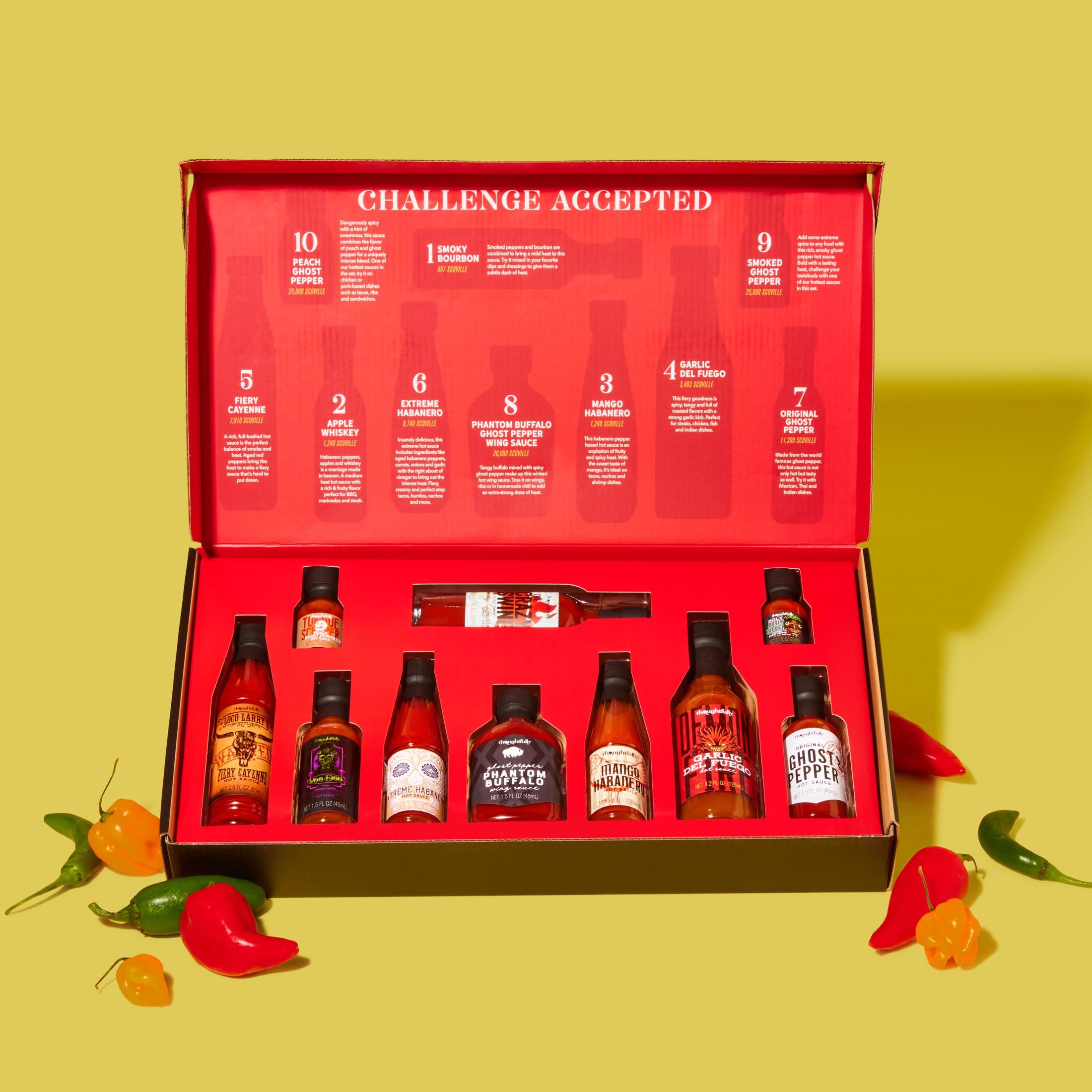 Thoughtfully Thoughtfully Gourmet, Hot Sauce Challenge Set, Hot Sauce Variety Pack Includes Hot Sauces from Mild To Extreme Flavors, Unique Gifts for Men, Set of 10