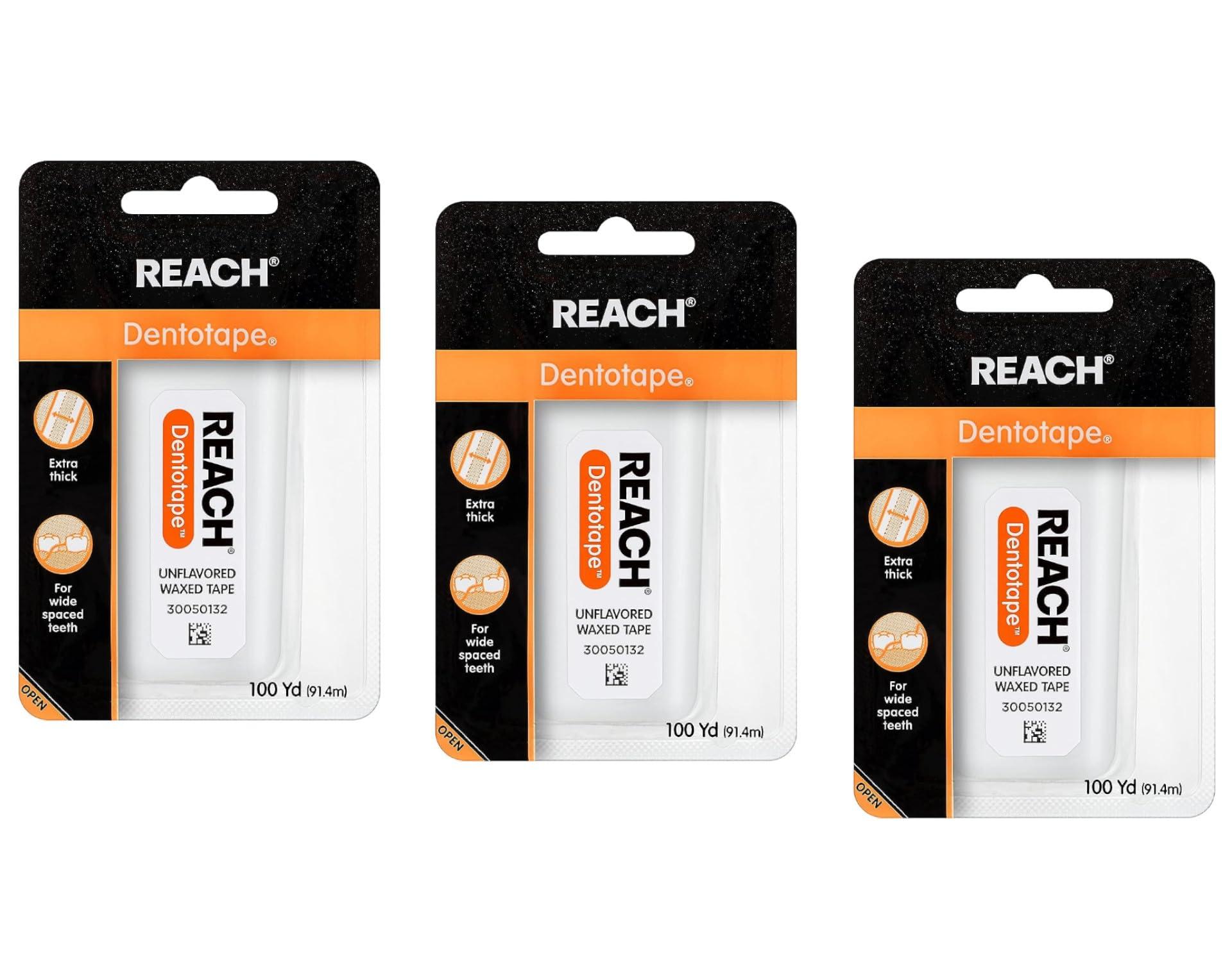 Reach Reach Dentotape Waxed Dental Floss with Extra Wide Cleaning Surface for Large Spaces between Teeth, Unflavored, 100 Yards (Pack of 3)