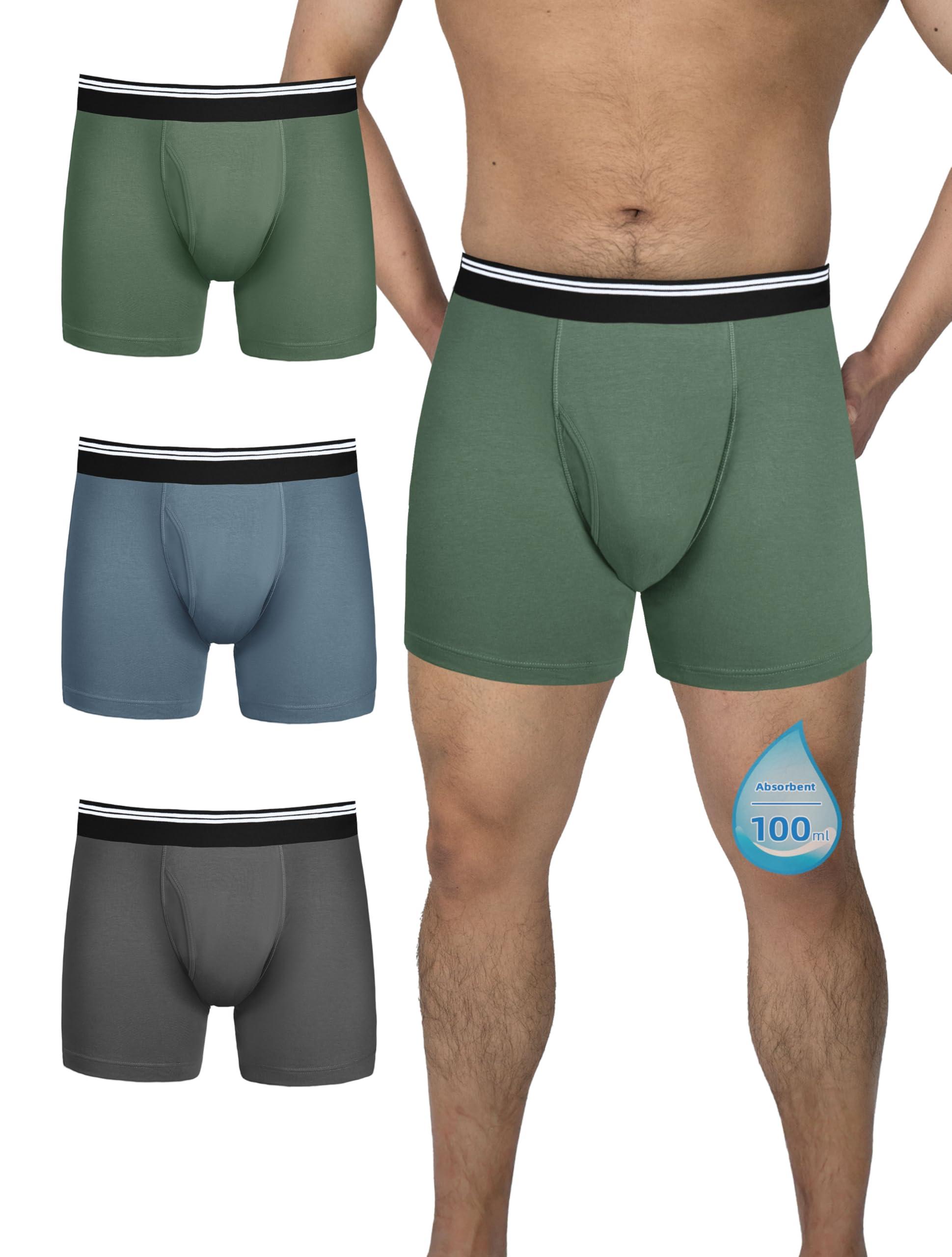TIICHOO TIICHOO Mens Incontinence Underwear Boxer Briefs Washable Leak Proof Underwear for Men Soft Reusable 3 Pack(Dark Grey/Green/Blue, XX-Large)