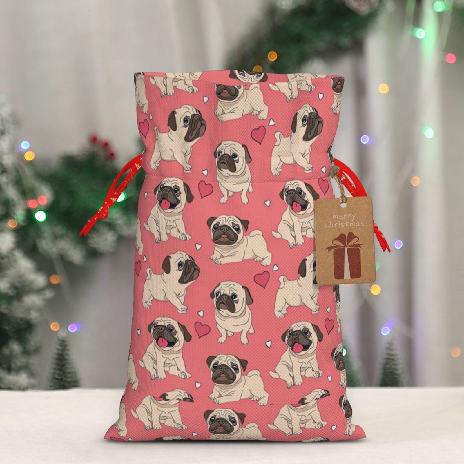 LimPac Funny Cartoon Pug Puppy Dog Christmas Gift Bag M Size, Linen Holiday Gift Bag, Christmas Anniversary As Gift Packaging.