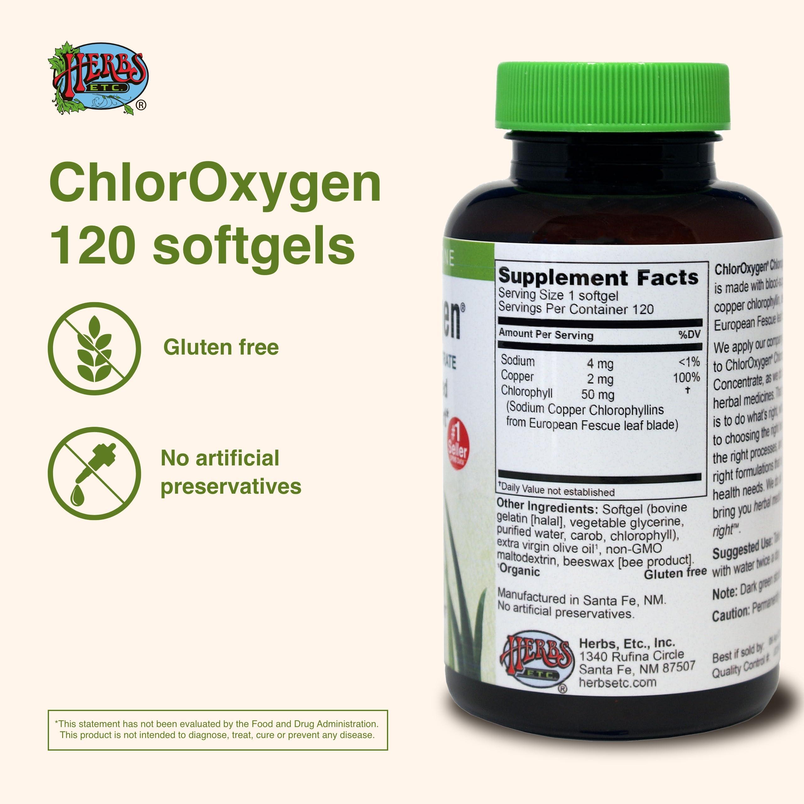 Herbs Etc. Herbs Etc. ChlorOxygen Chlorophyll Concentrate - Aids Healthy Blood Circulation - High-Altitude Environment Support - Energy Support - 120 Softgels (120 Servings)