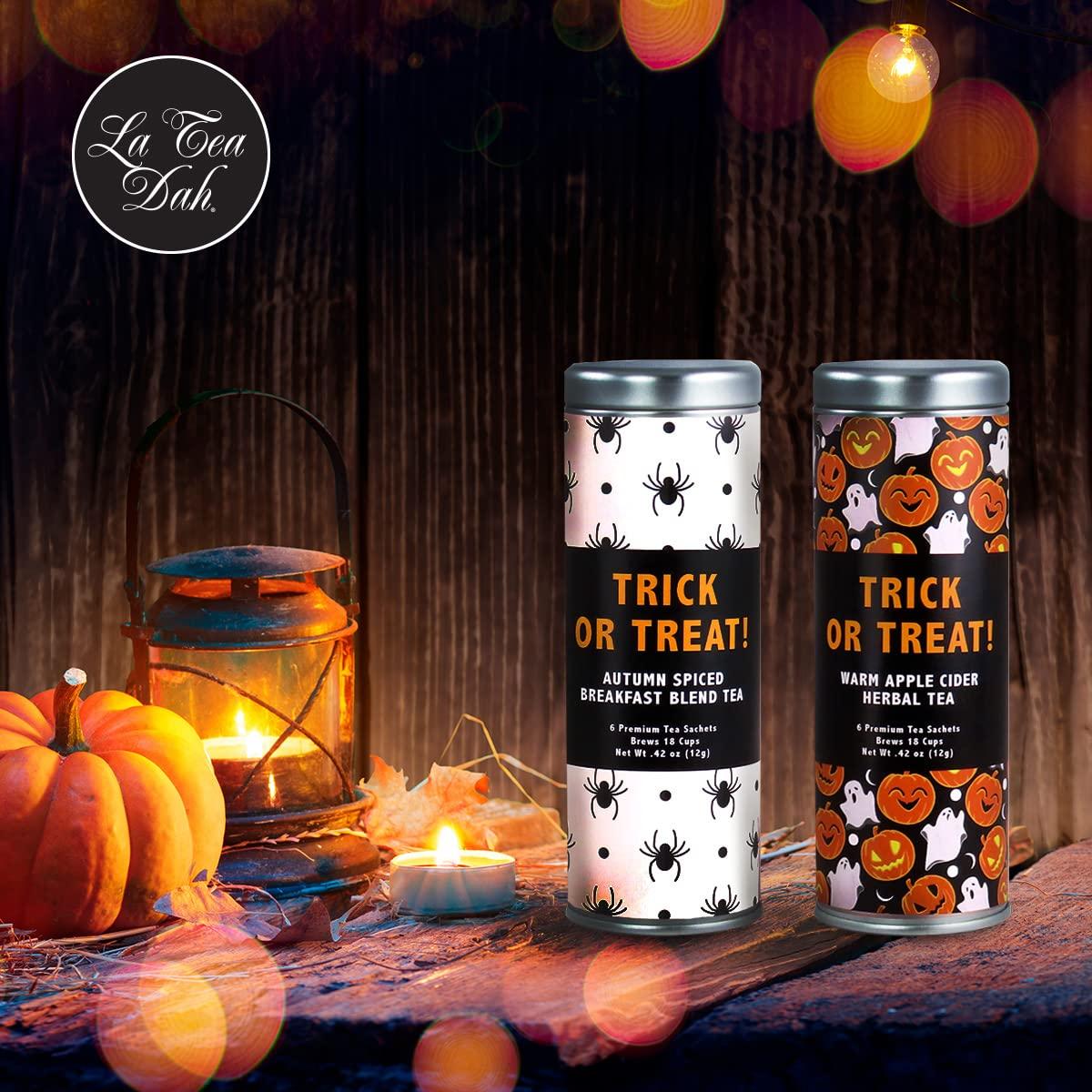 La Tea Dah Trick or Treat Gift Basket for Halloween by La Tea Dah, Warm Apple Cider Tea, Pumpkin Spice Breakfast Tea, and Two Honey Stirrers, Halloween Treats Non Candy, Gourmet Tea Gift Sets