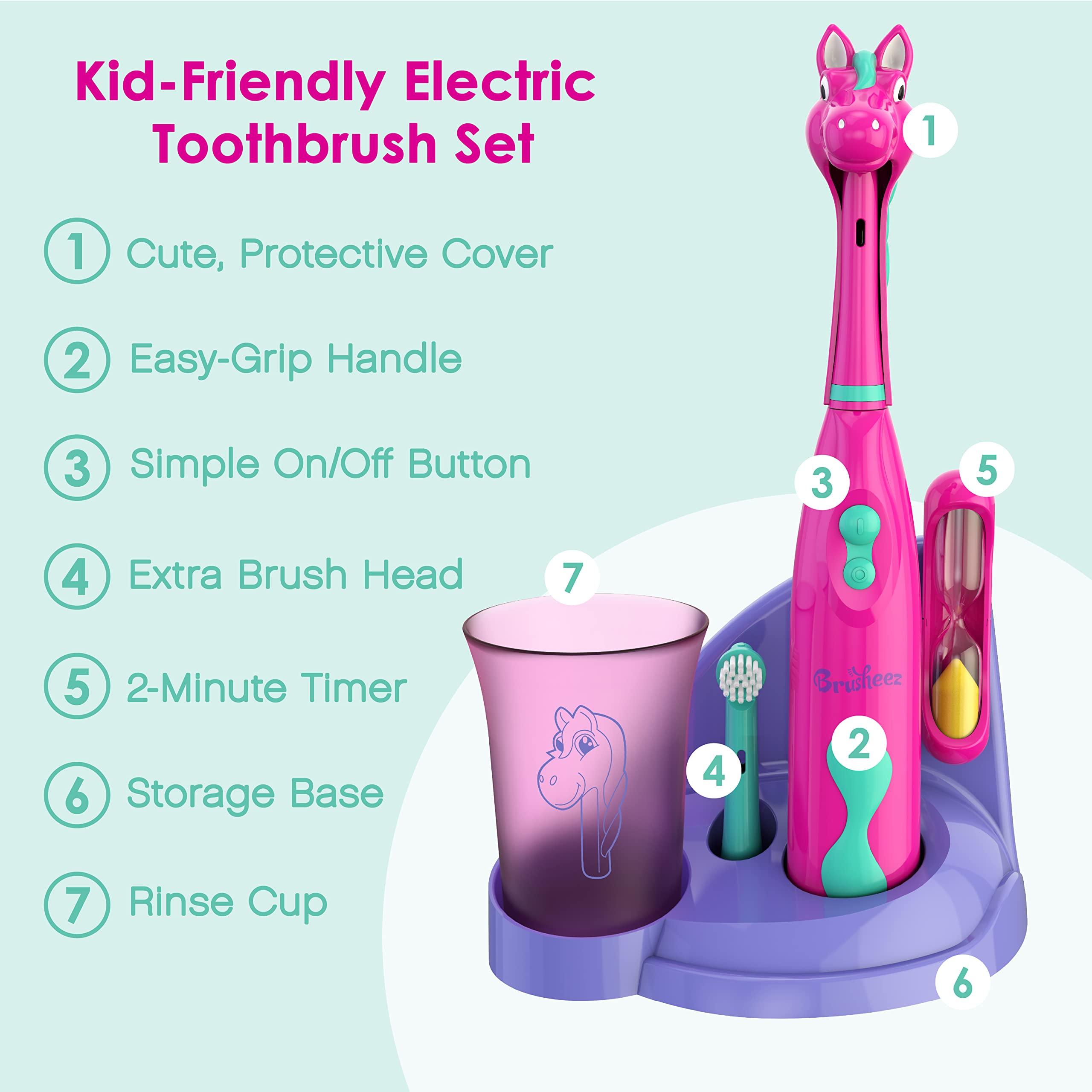 Brusheez Brusheez® Kids’ Electric Toothbrush Set - Safe & Effective for Ages 3+ - Parent Tested & Approved with Gentle Bristles, 2 Brush Heads, Rinse Cup, 2-Minute Timer, & Storage Base (Prancy The Pony)