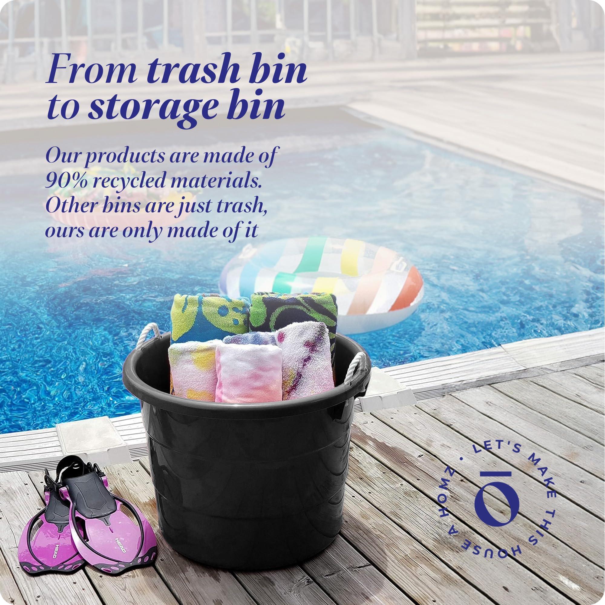 HOMZ HOMZ 6-Pack Utility Tub, Large Plastic Storage Bucket with Rope Handles, 17 Gallon, Black