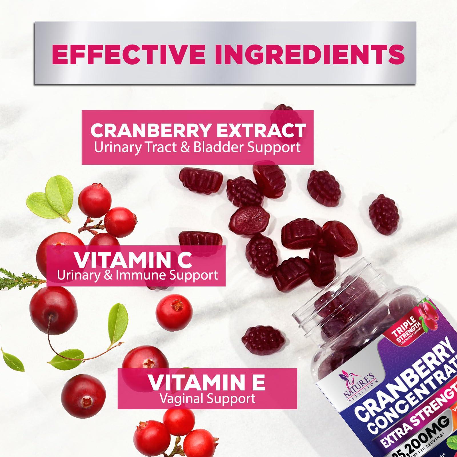 Nature's Nutrition Cranberry Gummies - Urinary Tract Health Gummy + Vitamin C - 25,000mg - Triple Strength Cranberry Concentrate Extract Supplement Pills, Ultimate Potency, Non-GMO, Gluten Free - 120 Gummies