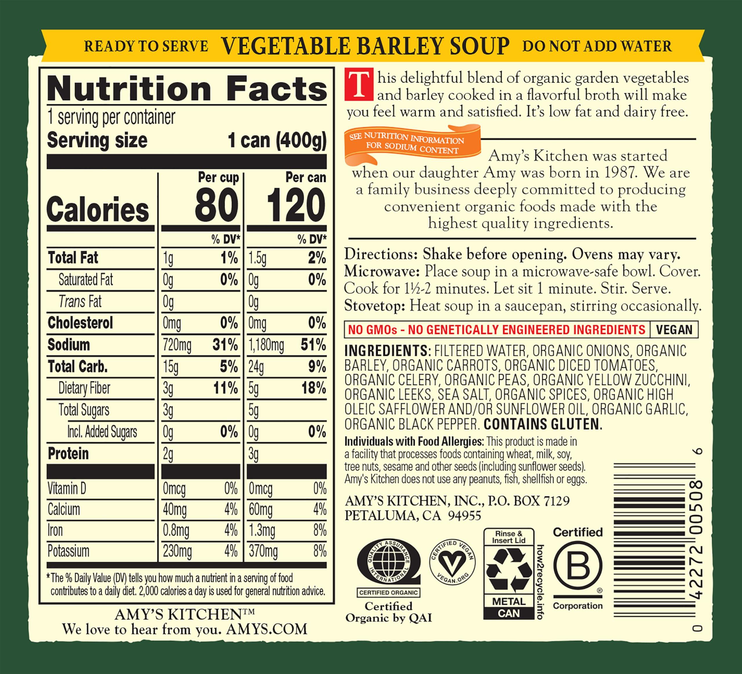 Amy's Amys Soup, Vegan Vegetable Barley Soup, Low Fat, Made With Organic Tomatoes, Carrots and Celery, Canned Soup, 14.1 Oz