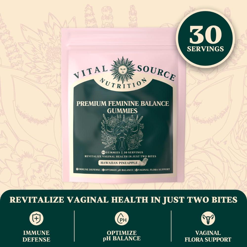 Vital Source Nutrition Vital Source Nutrition - Premium Feminine Balance Gummies - for Womens Health & Wellness - Immune Support - Vegan, Gluten-Free - Hawaiian Pineapple - 60 Gummies - 30 Servings
