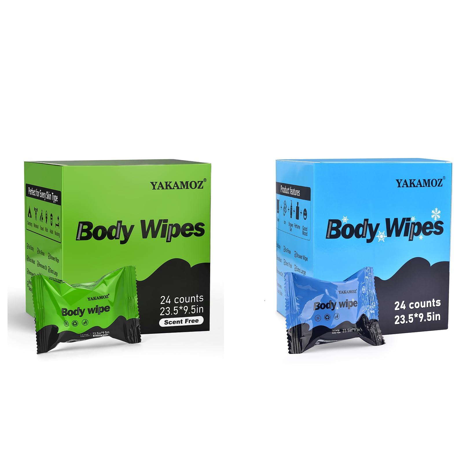 YAKAMOZ YAKAMOZ Large Body Wipes for Adults Bathing, Individually Wrapped Body Wipes for Bathing, Camping(Scent Free 24 counts and mint chill 24 counts)