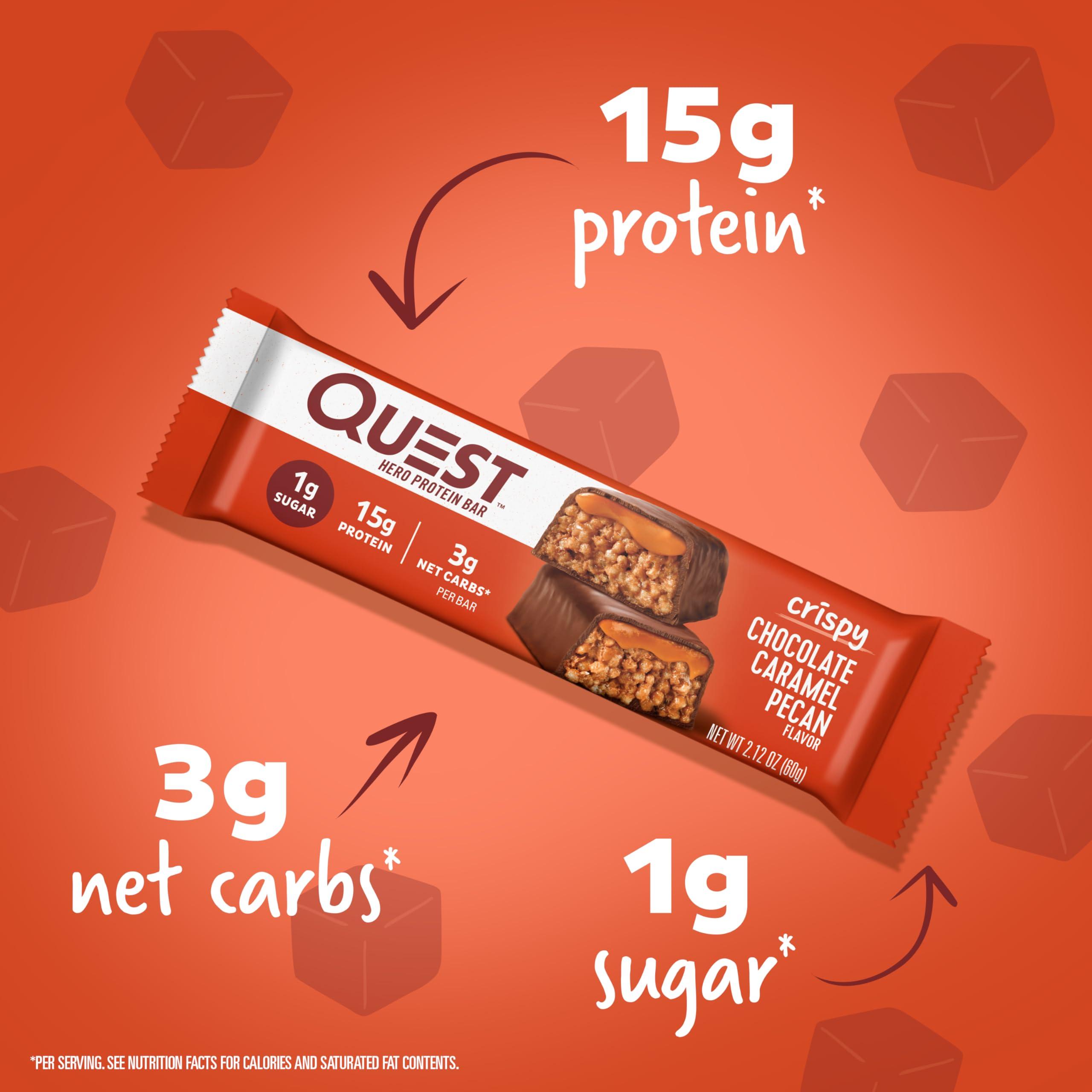 Quest Nutrition Quest Nutrition Crispy Chocolate Caramel Pecan Hero Protein Bar, 15g Protein, 1g Sugar, 3g Net Carb & Lemon Cake Protein Bars, High Protein, Low Carb, Gluten Free, 12 Count