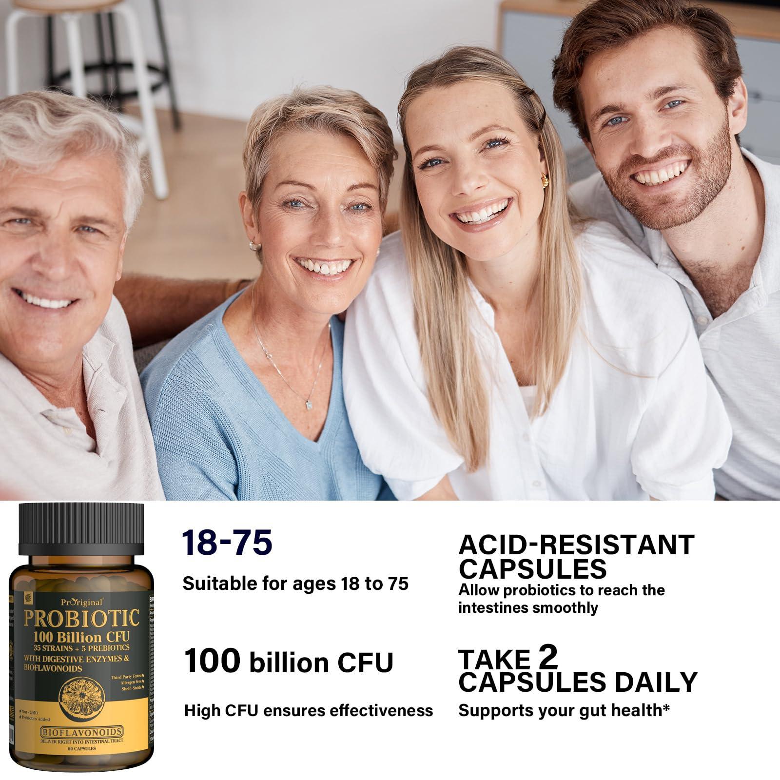 Proriginal Probiotics with Prebiotics for Men and Women - 35 Strains Organic Probiotic 100 Billion CFU for Gut & Digestive Health, Vegan Acidophilus Probiotic Supplement, Non-GMO Raw Probiotic 60 Capsules