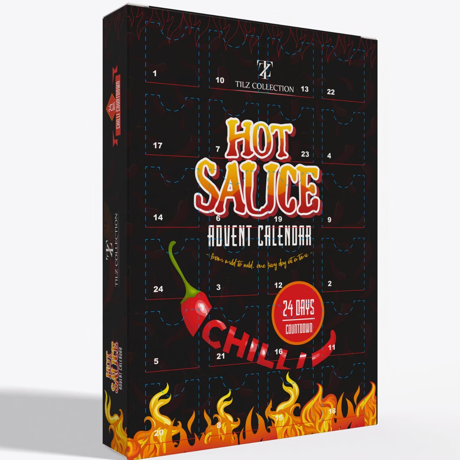 TILZ COLLECTION Hot Sauce Advent Calendar 2024-24 Days Chilli Sauce Advent Calendar, Food Advent Calendar 2024 Men, Hot Sauce Set, Non-chocolate Advent Calendar Women, Chilli Challenge Hot Sauce (Black)