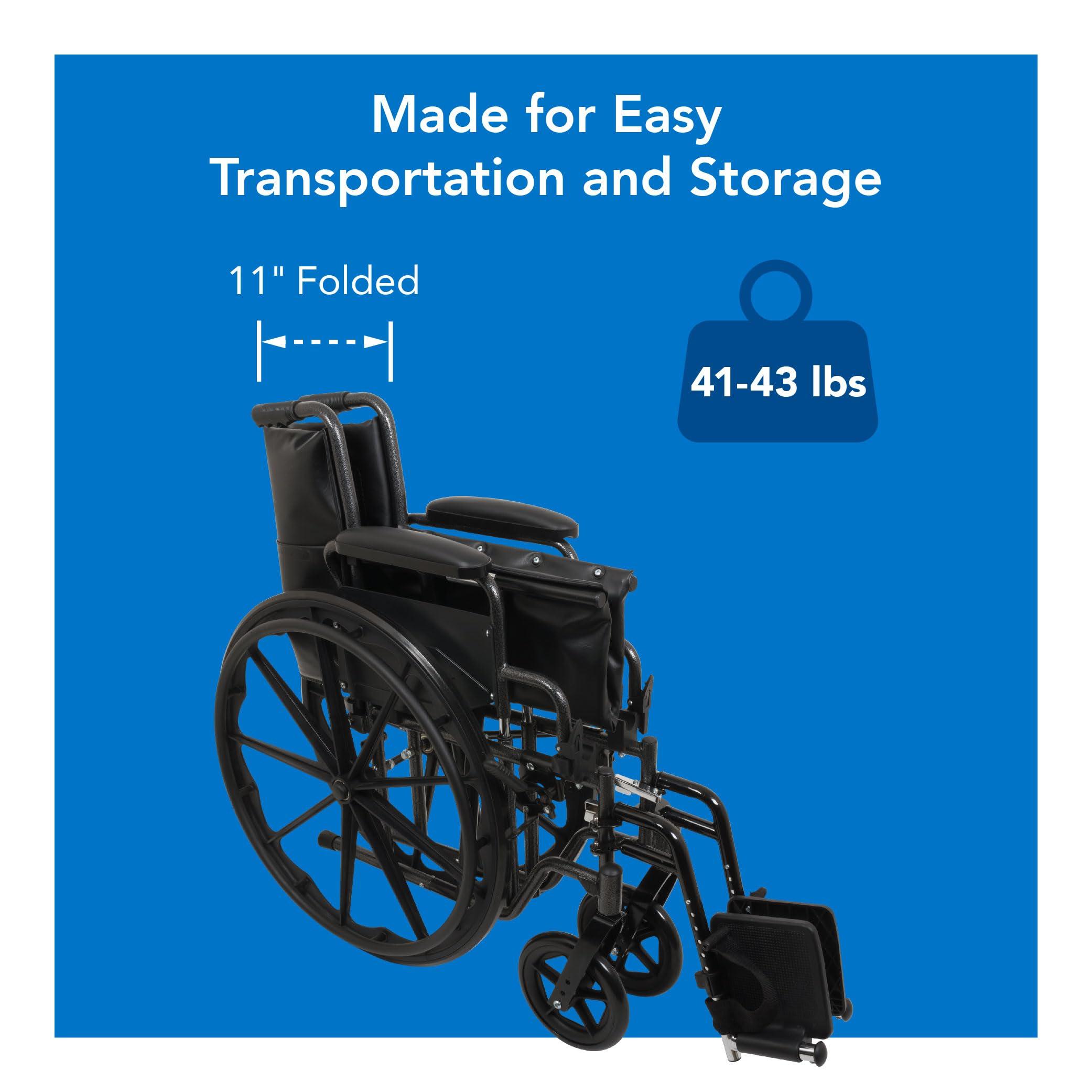 Roscoe Medical ProBasics Comfort Standard Wheelchair - Height Adjustable Seat - Flip Back Desk Arms - 300 Pound Weight Wapacity - Black - Swing-Away Footrest - 16" x 16" Seat