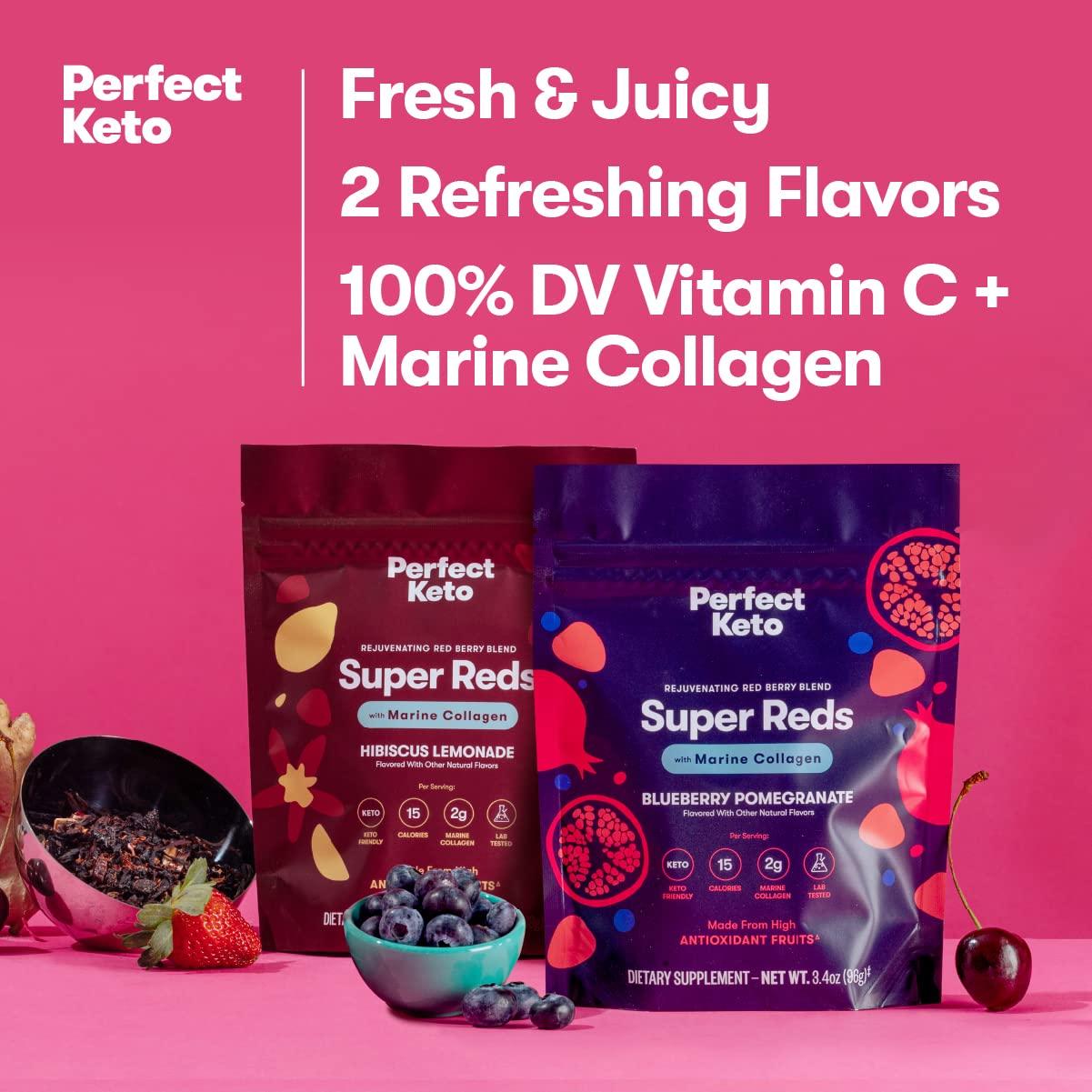 Perfect Keto Perfect Keto Super Reds Superfood Powder, Antioxidants Supplement with Fruit & Vegetable Powder, Polyphenols & Marine Collagen, Drink Mix for Skin & Energy Support, Blueberry Pomegranate, 20 Servings
