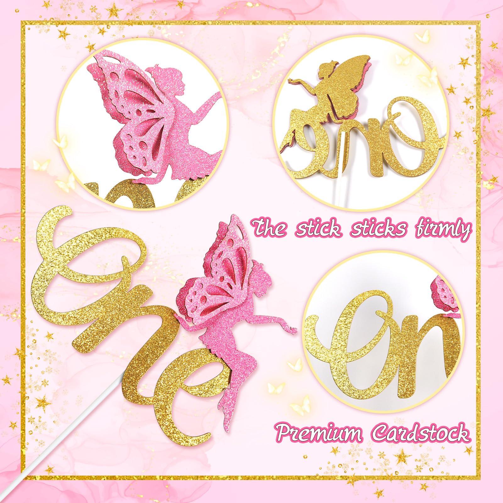 Firefairy One Cake Topper, Fairy First Birthday Cake Topper, Fairy Themed First Birthday Cake Decor, First Birthday Cake Picks for Baby Girl, Gold Pink Glitter