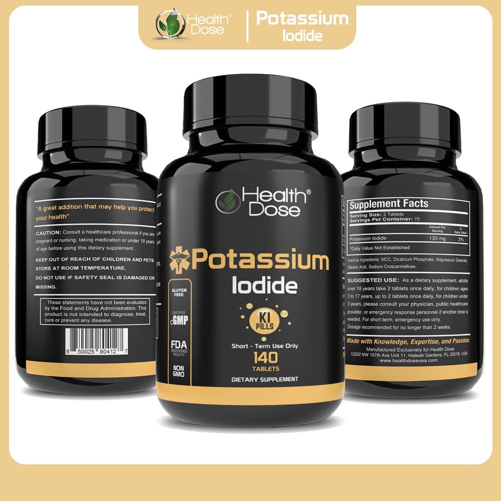 Health Dose Health Dose Potassium + Iodide (KI) Tablets 130mg 140 Tablets for Thyroid Support, Cellular Metabolism & Electrolyte Balance Non-GMO, Gluten-Free, GMP Certified, Pack of 2