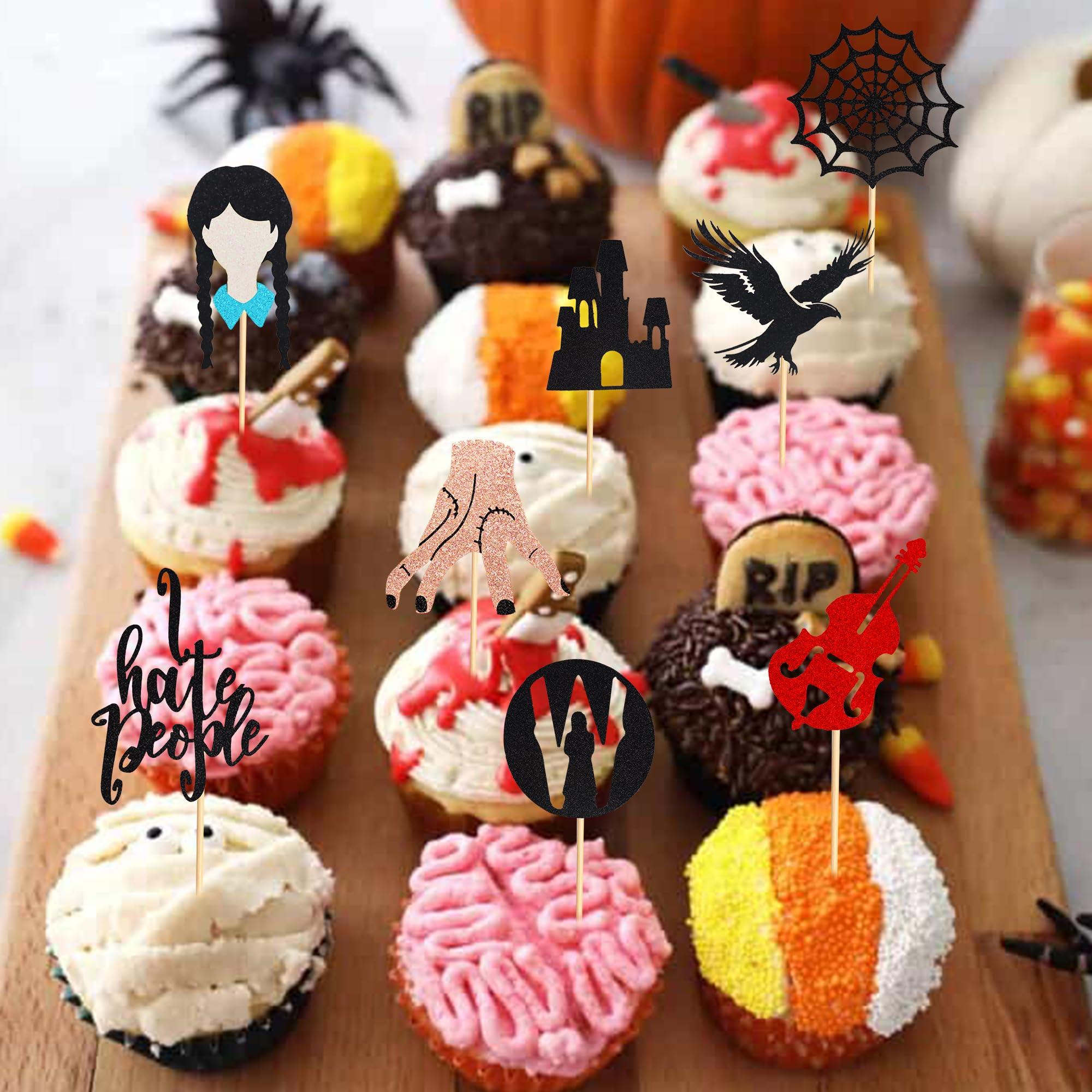 Arthsdite Arthsdite 24Pcs Horror Wednesday Addams Cupcake Toppers Thing Hand Black Eagle I Hate People Cobweb Castle Girl Addams Family Cupcake Picks for Fantasy Wednesday Birthday Party Cake Decorations