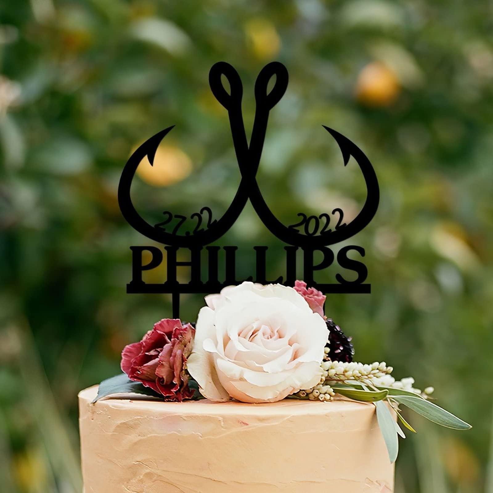 Sxaqcup Custom Hooked Wedding Cake Topper, Fish Hook Fishing Theme with Last Name Cake Topper, Fishing Coupl Acrylic Sign Cake Toppers/Cupcake Toppers, Party Cake Decorations Supplies for Cool Guy Girl.