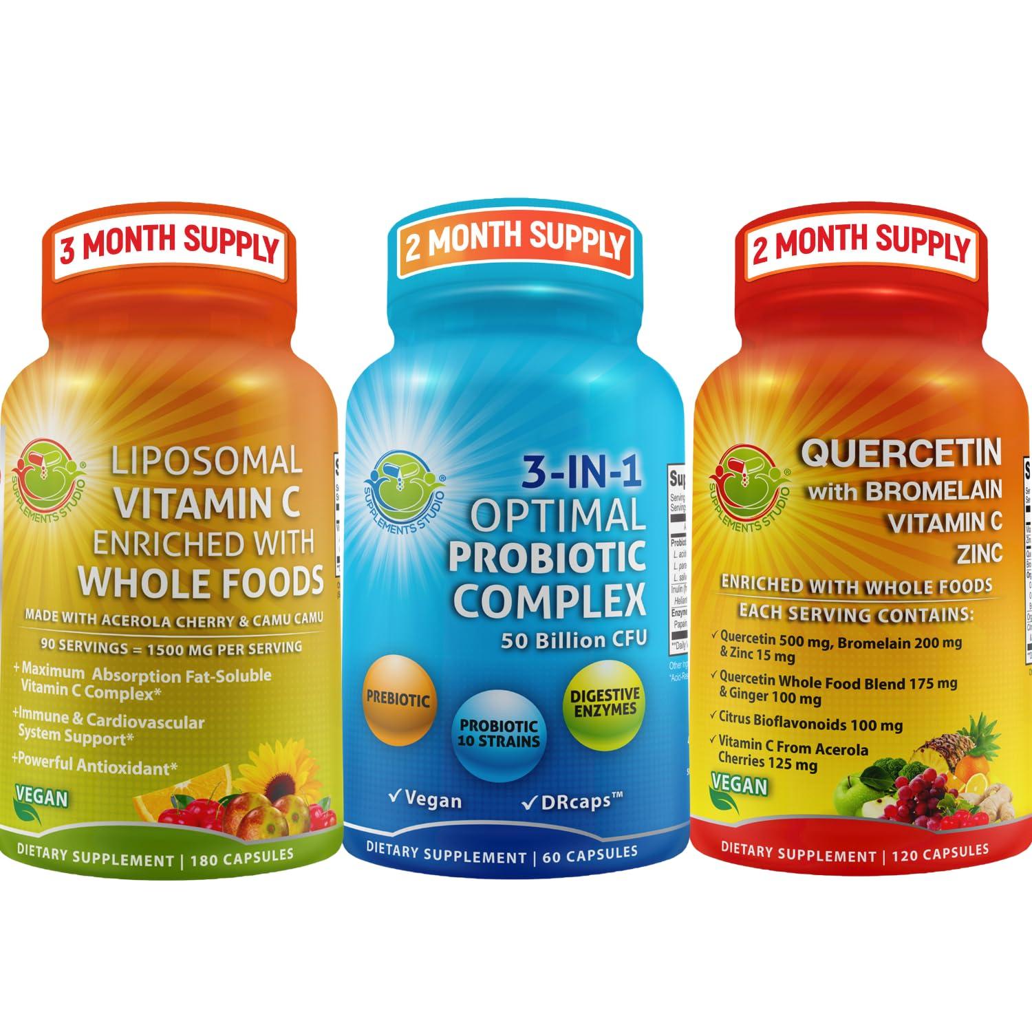 SUPPLEMENTS STUDIO Probiotics with Digestive Enzymes and Prebiotic, 3-In-1 Vegan Multi Enzyme Complex - Bundle up with - Quercetin with Bromelain Vitamin C and Zinc & Liposomal Vitamin C 1500mg Capsules