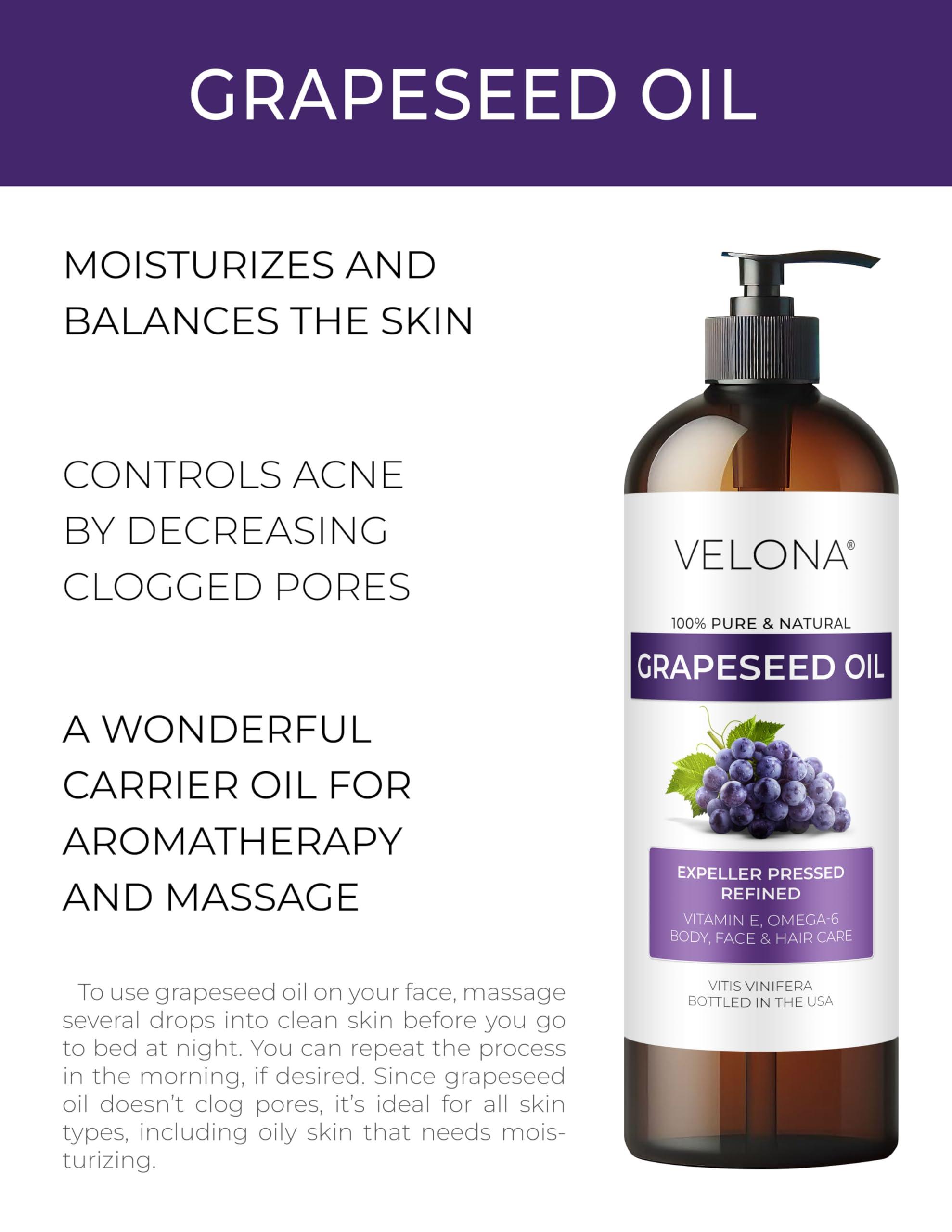 velona velona Grapeseed Oil 16 fl oz | 100% Pure and Natural Carrier Oil | Refined, Cold pressed | Skin, Face, Body, Hair Care | Use Today - Enjoy Results