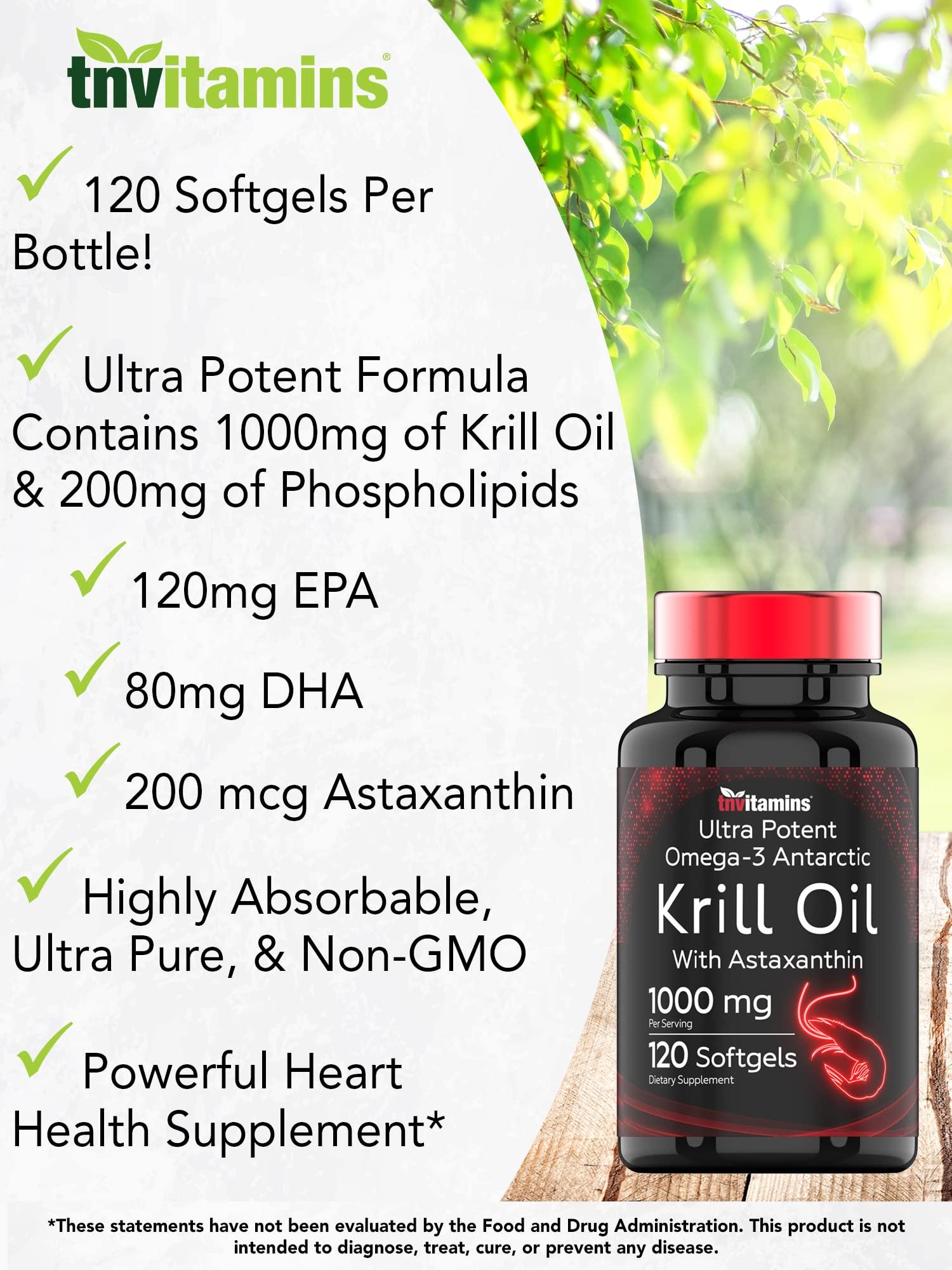 tnvitamins Antarctic Krill Oil 1000mg x 120 Softgels with Astaxanthin | 1000mg Red Krill Oil, 200 mg Phospholipids, 120 mg EPA, 80 mg DHA, 200 mcg Astaxanthin | Potent & Pure Omega-3 Cold Water Antarctic Krill
