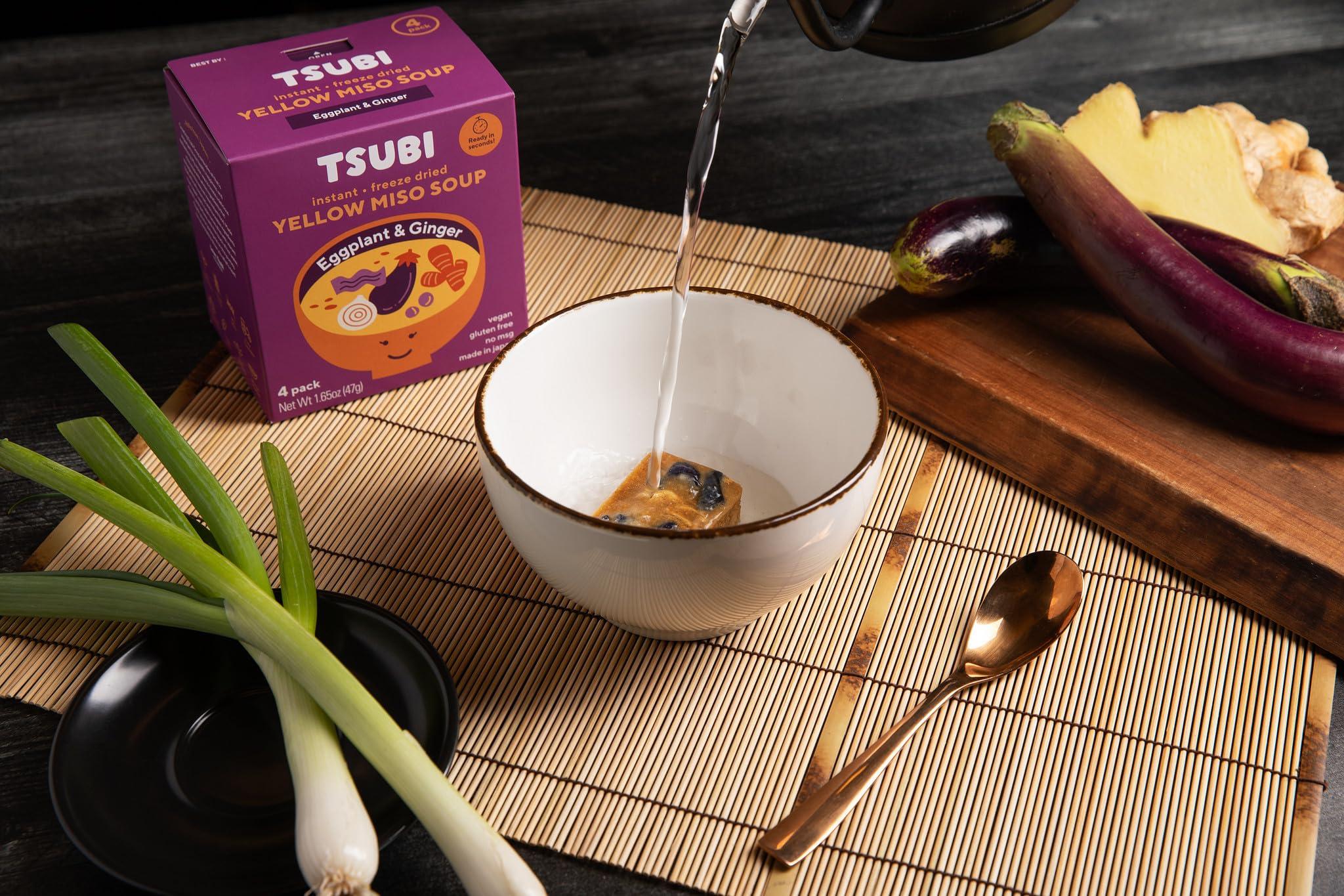 Tsubi Soup Tsubi Soup Freeze-Dried Japanese Miso Soup Packets - Instant, Vegan, Easy Mix, Gluten & MSG-Free, Flavorful - Ready in Seconds - Authentic Taste of Japan - Yellow Miso (Eggplant & Ginger) - 12 Packs