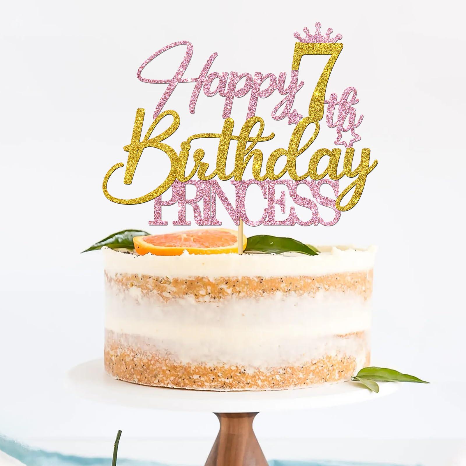 RoadSea RoadSea Princess 7th Birthday Cake Topper - Happy 7th Birthday Cake Supplies for Girl - Girl Seven Years Old Birthday Party Decorations - Pink & Gold Glitter (7th)