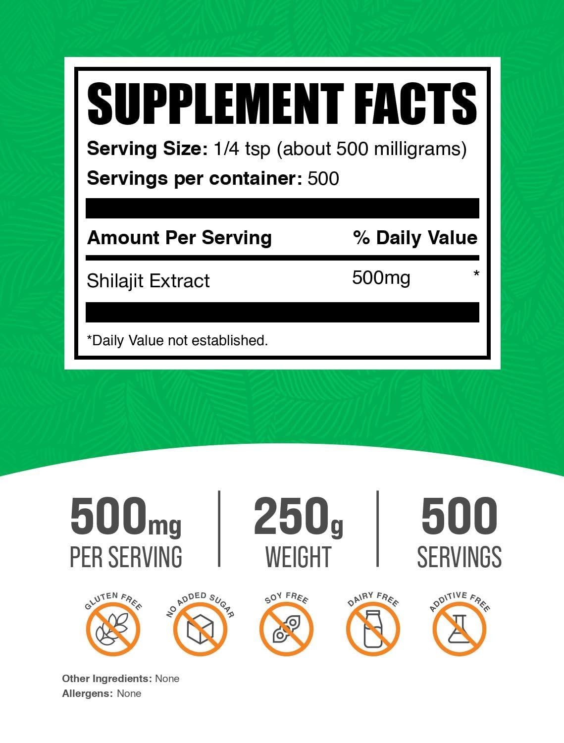 BulkSupplements BulkSupplements.com Shilajit Extract Powder - Fulvic Acid Supplement, Shilajit Supplement - Gluten Free, 500mg per Serving of Shilajit Powder, 250g (8.8 oz) (Pack of 1)