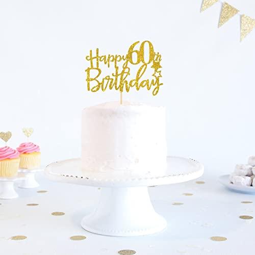 Maicaiffe Gold Glitter Happy 60th Birthday Cake Topper,Hello 60, Cheers to 60 Years,60 & Fabulous Party Decoration