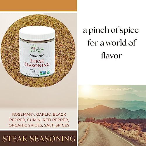 The Spice Hut Spice Hut - Organic Steak Seasoning & Dry Rub for Prime Rib, Roast, Burger / Sugar-Free, with Salt / Roadhouse Grill Spice Mix for Chicken, Chop House Seasoning Steak & Beef Rub / All-Natural, Kosher, Vegan, Gluten Free, Keto -No MSG- 3.5oz Glass Jar