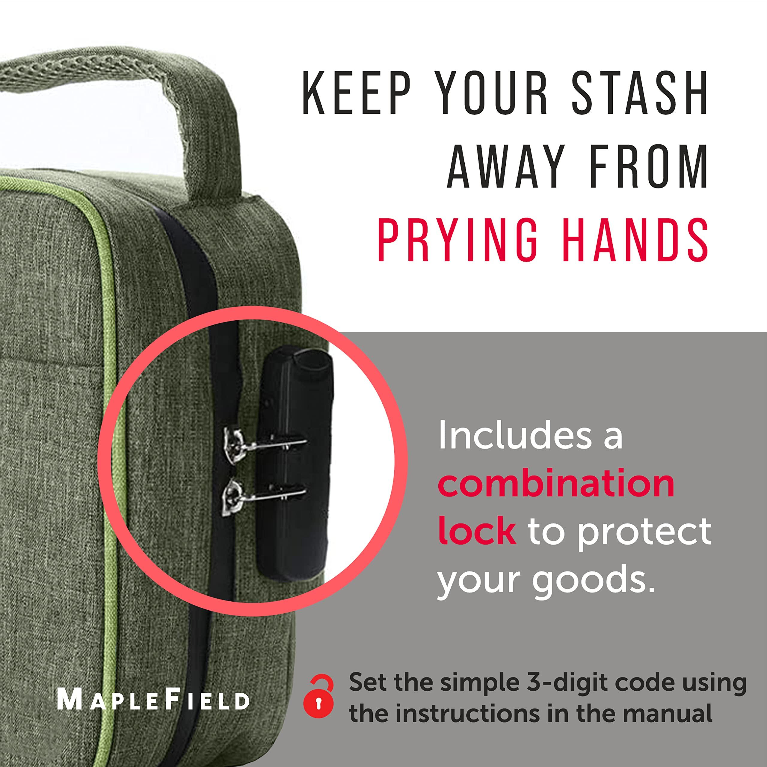 Maplefield Smell Proof Stash Box for Herbs and Spices - Smell Proof Bag with Grinder, Bags and Container - Take Your Stash With You - Odor Proof Container for Food - Smellproof Lockbox for Discreet Carrying
