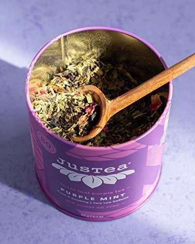 JusTea JusTea PURPLE MINT | Loose Leaf Purple Tea | Tin with Hand Carved Tea Spoon | 40+ Cups (2.1oz) | Very Low Caffeine | Award-Winning | Fair Trade | Non-GMO
