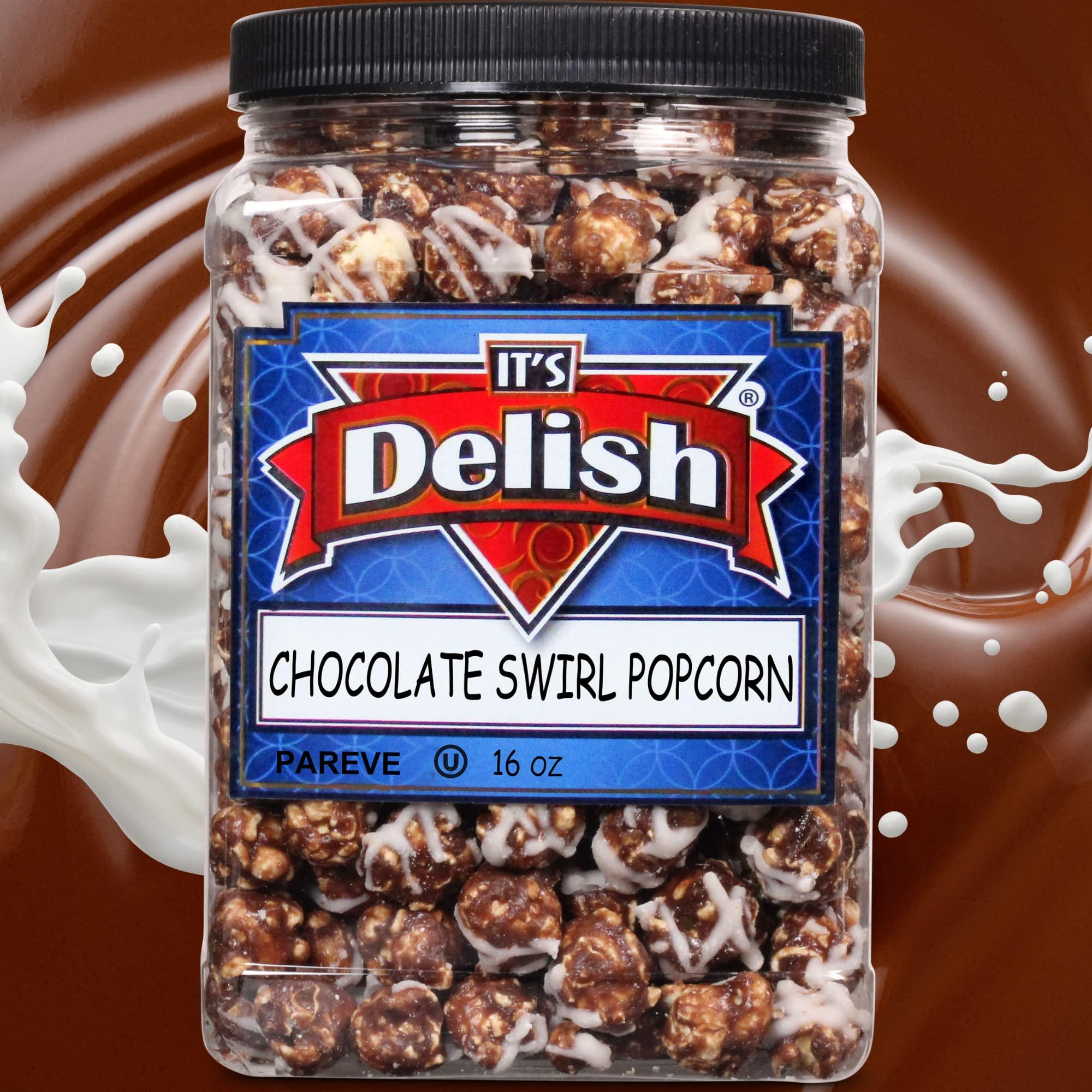 It's Delish Chocolate Swirl Popcorn by Its Delish, 16 Oz (1 Lb) Jumbo Container Bulk Popcorn, Festive Chocolate Air Popped Sweet Crunchy Popcorn with Chocolate Corn Snack, Parties – Gluten Free, Vegan, Kosher
