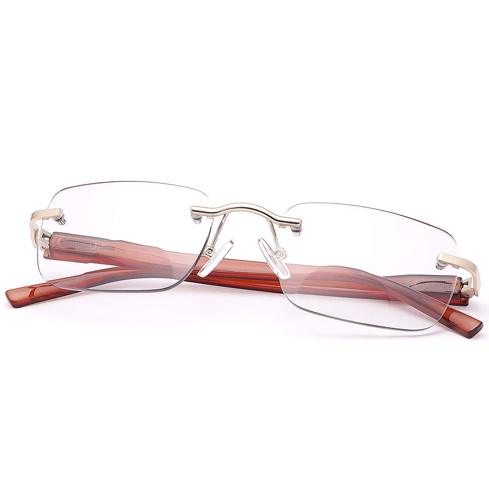 MIRYEA Rimless Bifocal Reading Glasses Spring Hinge Photochromic Sun Readers Transition Shades Computer Blue Light Blocking Sunglasses UV400 Protection Anti Glare Eyewear Gaming Eyeglasses for Men and Women