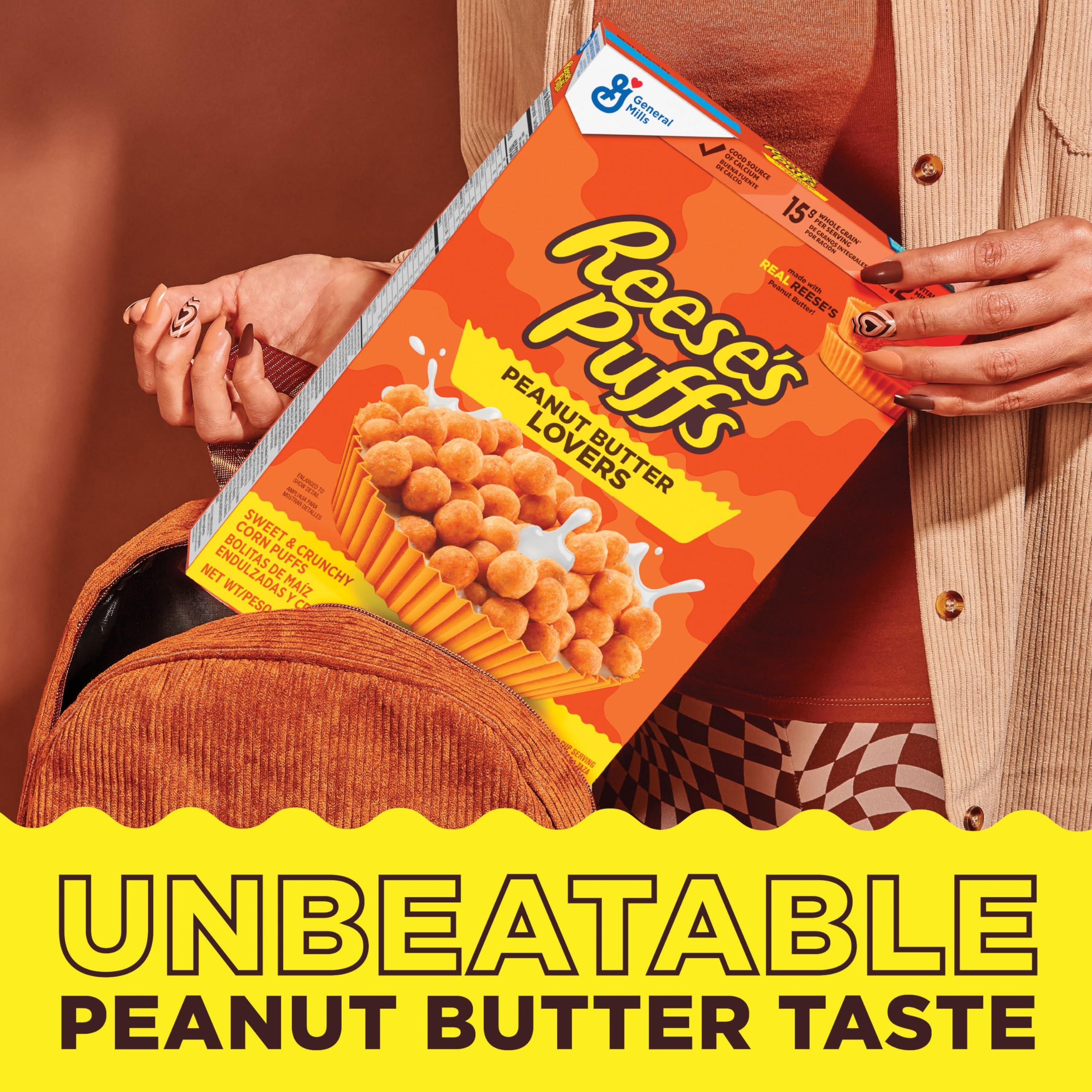 Reese\'s REESES PUFFS Peanut Butter Lovers Breakfast Cereal, Made with Whole Grain and Real REESES Peanut Butter, Family Size, 19.7 oz
