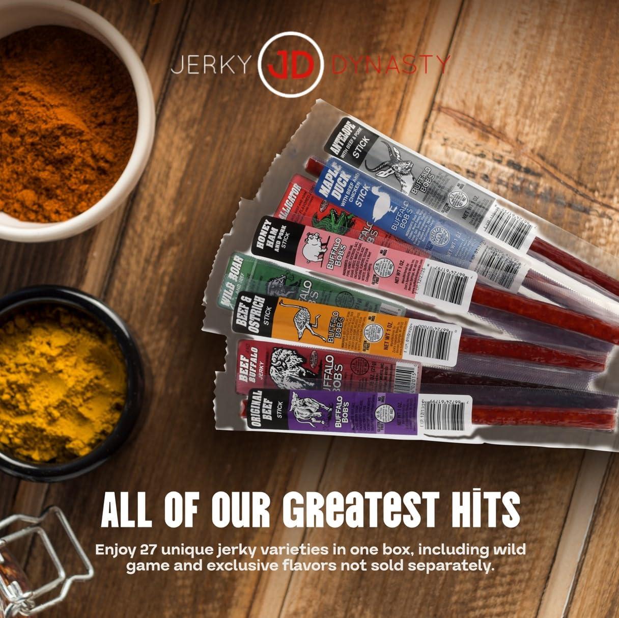 Jerky Dynasty Jerky Dynasty The Ultimate 27-Piece Exotic Jerky Gift Set - Buffalo Bob\'s Wild Game Jerky Variety Pack - Exclusive Flavors, Hefty Discount, Great for Stocking Stuffer & Protein Snack - Farm-Raised