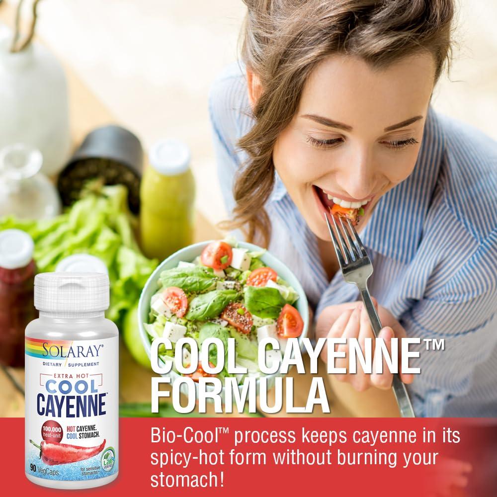 SOLARAY SOLARAY Extra Hot Cool Cayenne 100,000 HU - Traditional Folk Remedy and Digestion Aid - Bio-Cool Process - Lab Verified, GMP Facility, 60-Day Guarantee - 45 Servings, 90 VegCaps